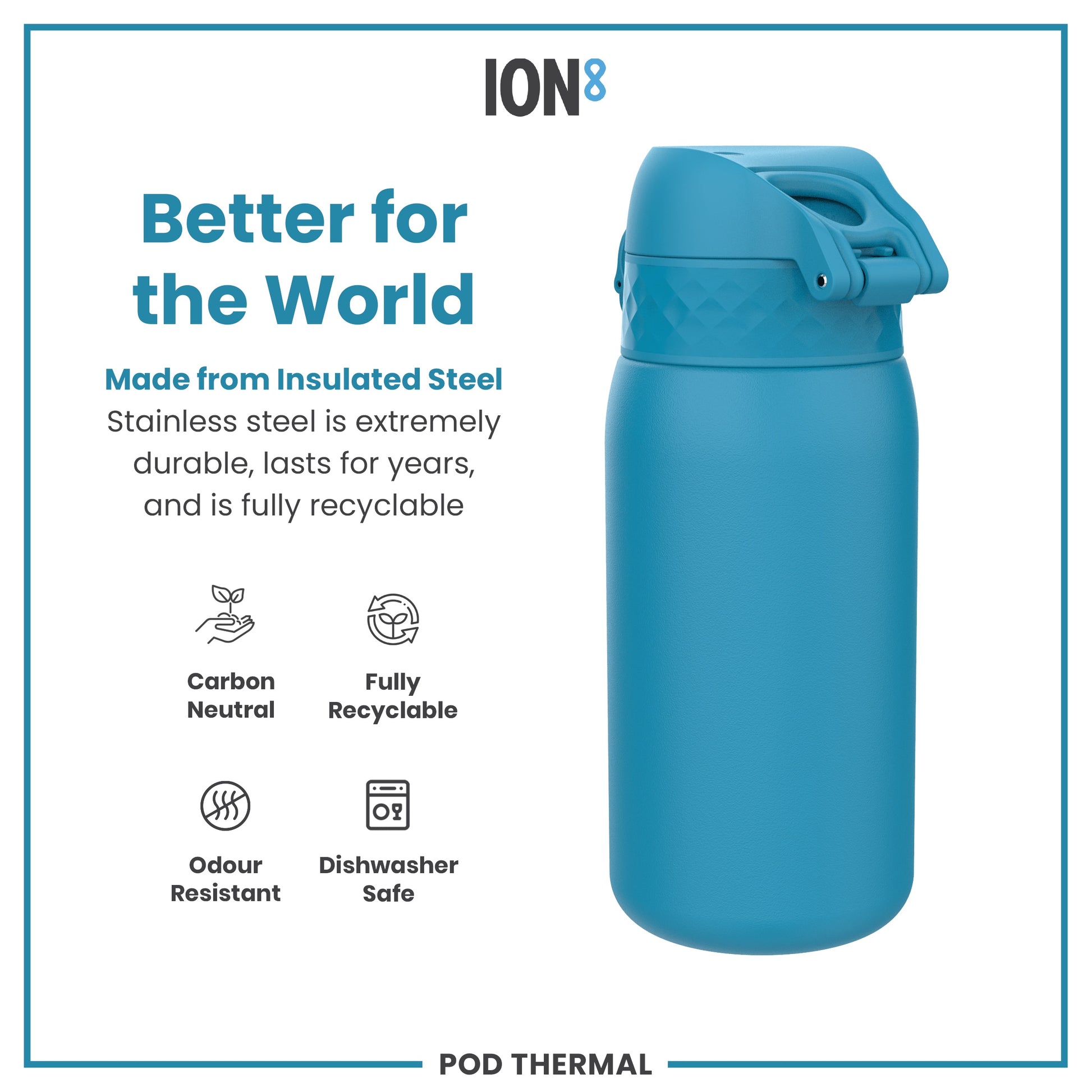 A teal insulated stainless steel water bottle sits against a white background. The bottle is shown with text advertising its durability, recyclability, and other features. The text includes "ION8" and "POD THERMAL".