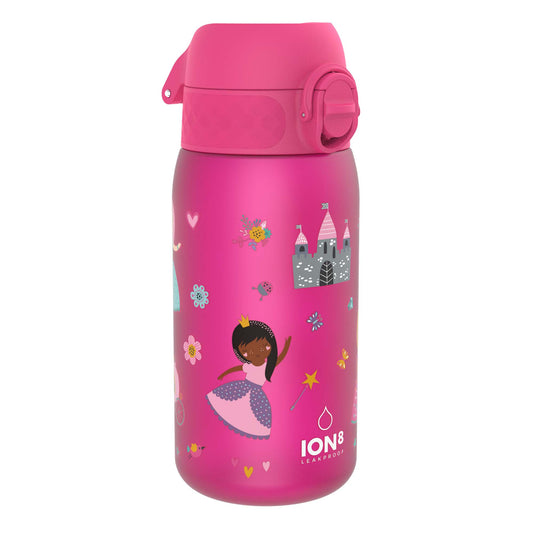 A pink water bottle, featuring princess and castle illustrations, sits against a white background. The bottle is leakproof, as indicated by the text "ION8 LEAKPROOF".