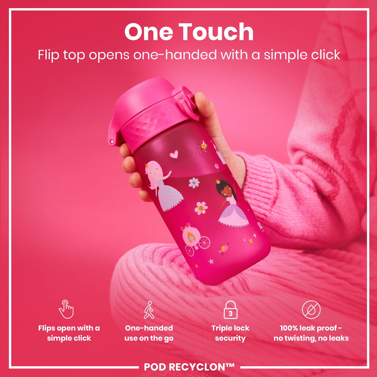 A pink water bottle with princess designs is being held; its flip top opens one-handed. The bottle features a triple lock security and is 100% leak-proof. It's shown against a pink background.