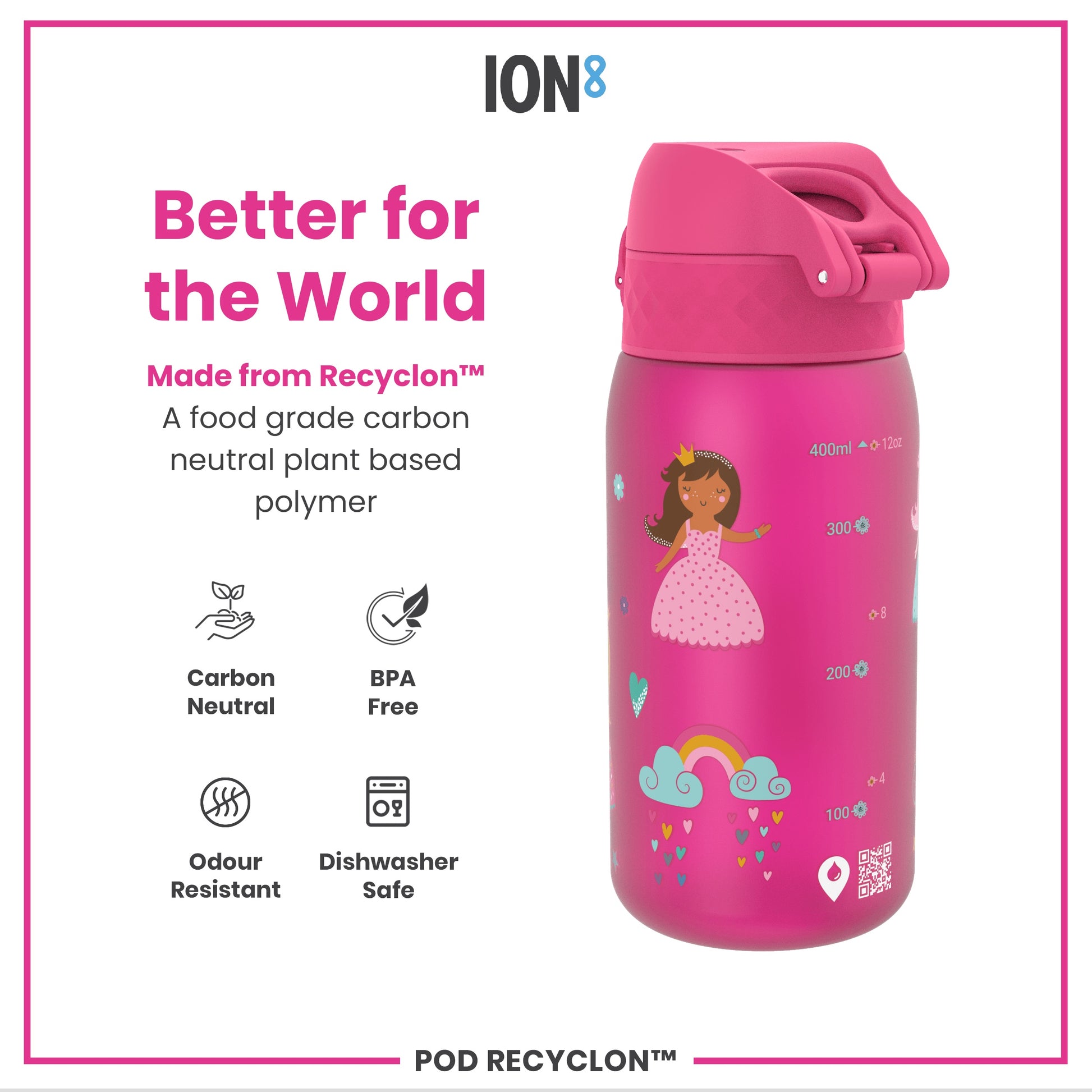A pink, child-sized water bottle, featuring a princess design and measurement markers, sits against a white background, advertising its eco-friendly, plant-based material.