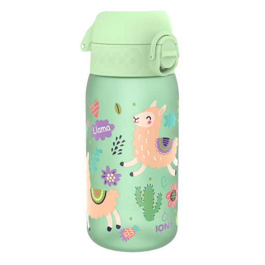 A light green water bottle, featuring a llama design, sits against a white background. Llama is written on the bottle. ION8 LEARPROOF is also printed on the bottle.