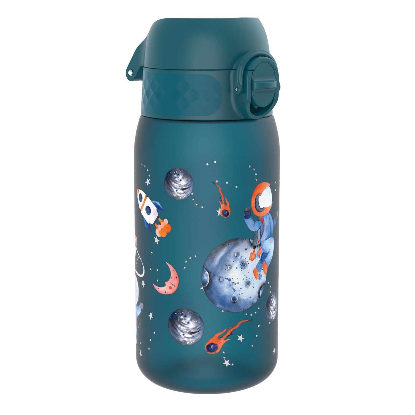 A teal water bottle, featuring a space theme with an astronaut and planets, sits on a white background.