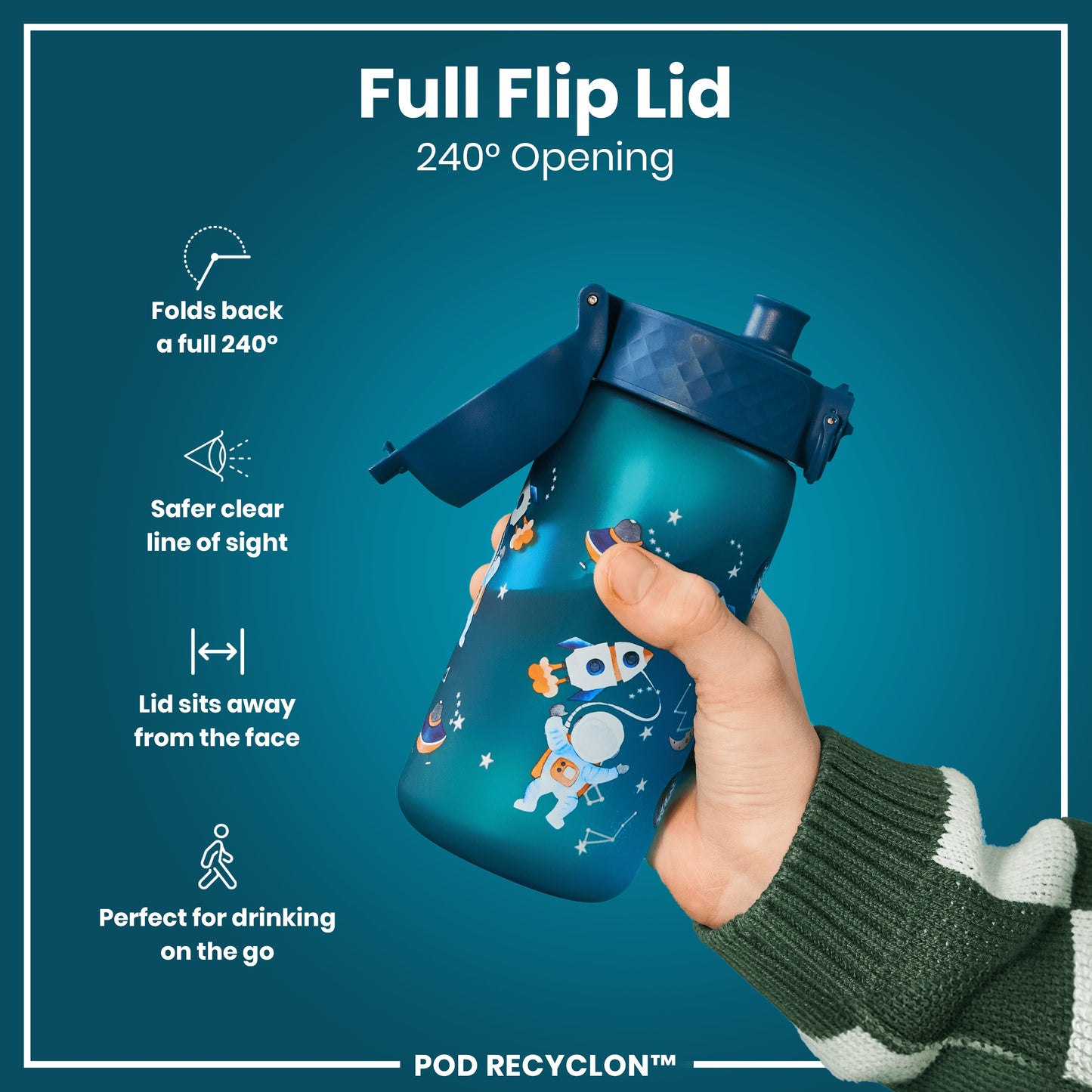 A teal water bottle, featuring a space theme, is held; its full flip lid opens 240°. The bottle is shown against a teal background. Full Flip Lid 240° Opening. POD RECYCLON™.
