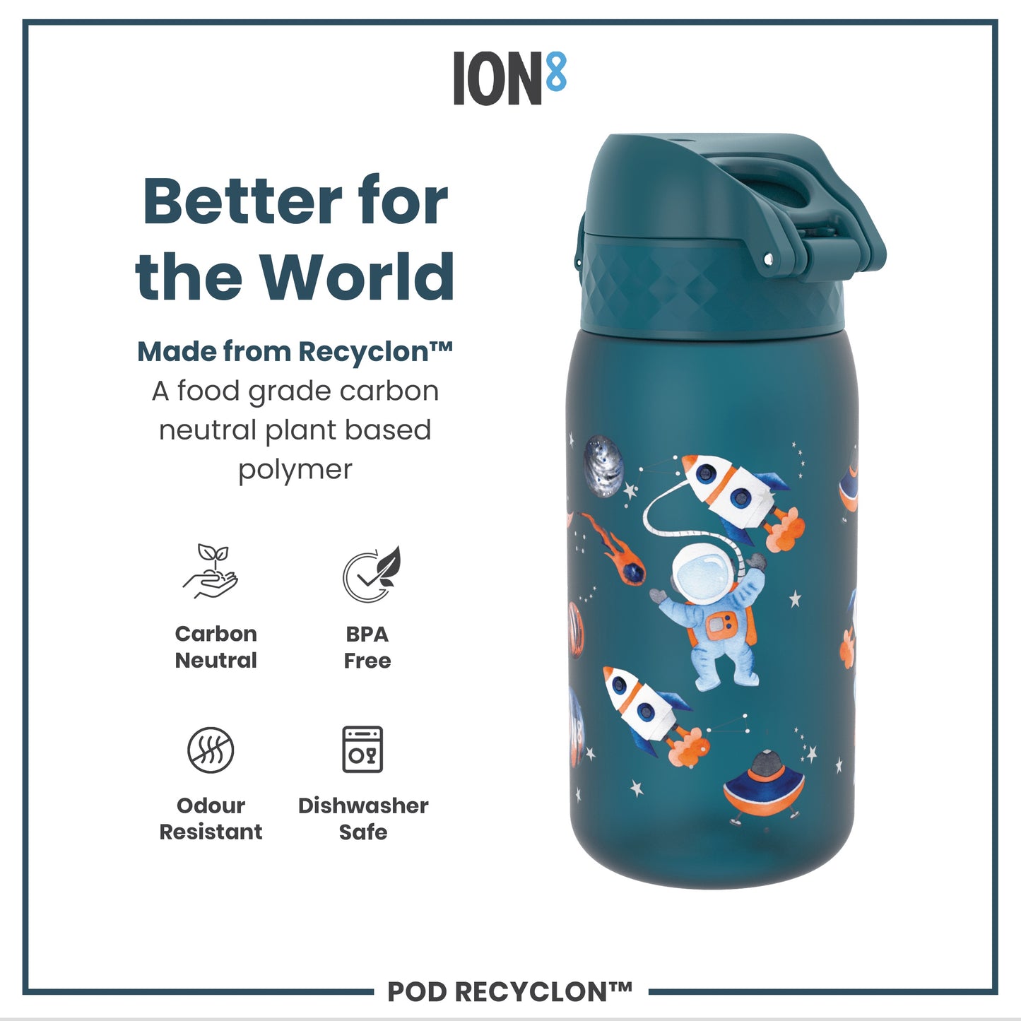 A teal water bottle, featuring a space-themed design, sits against a white background; it is made from a plant-based polymer and is BPA-free, dishwasher-safe, odor-resistant, and carbon neutral.