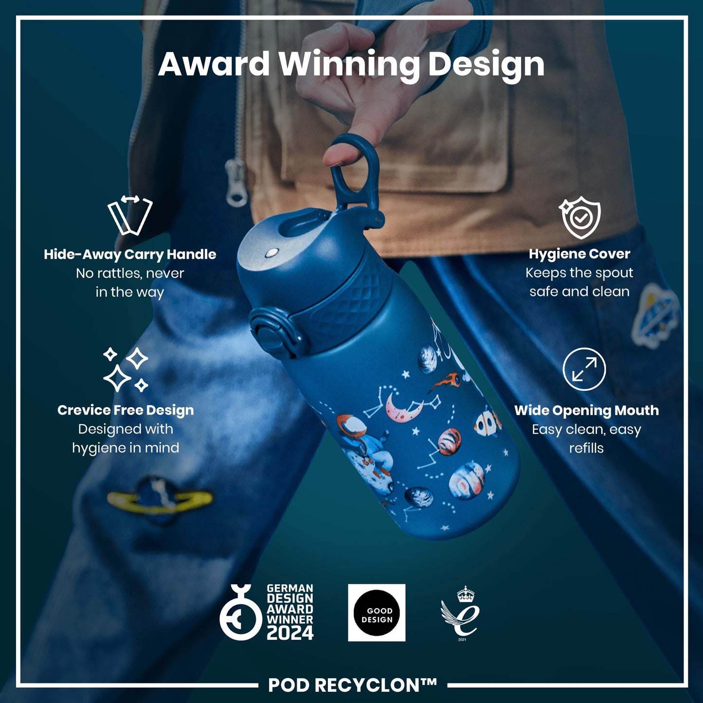 A blue water bottle with a space theme is being held; it features a hide-away handle, hygiene cover, and wide mouth. Award-winning design.