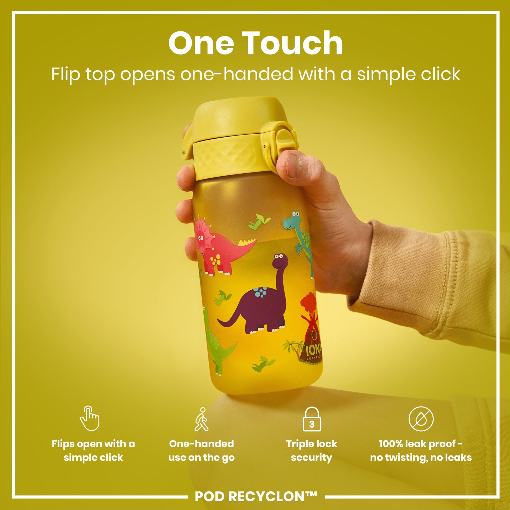 A yellow dinosaur-patterned water bottle is being held; its flip top opens one-handed. The bottle features a triple lock security mechanism and is 100% leak-proof. It's shown against a yellow background.