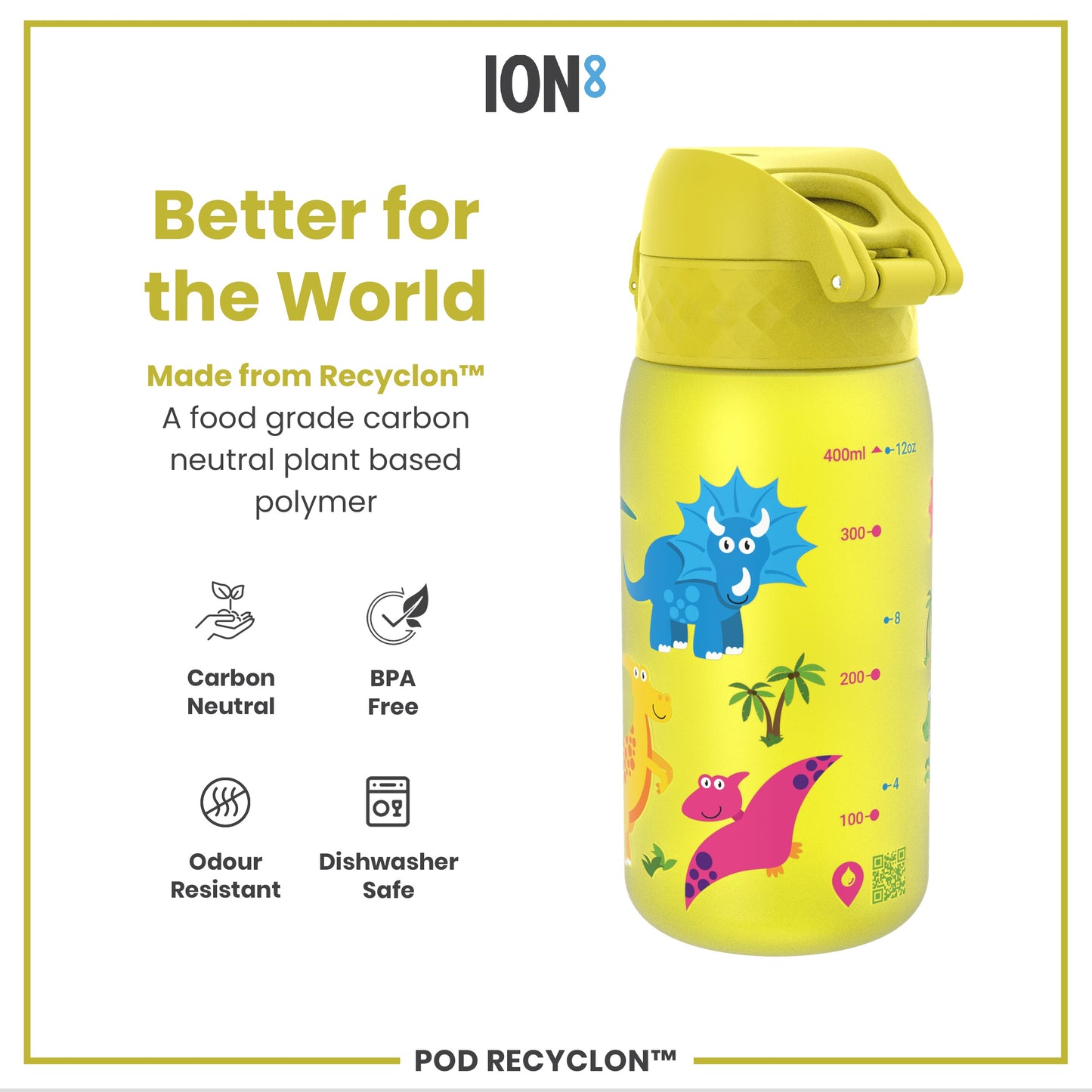 A yellow, dinosaur-decorated water bottle sits on a white background. It is made from a plant-based polymer and is BPA-free, odor-resistant, and dishwasher-safe. The bottle displays volume markings.