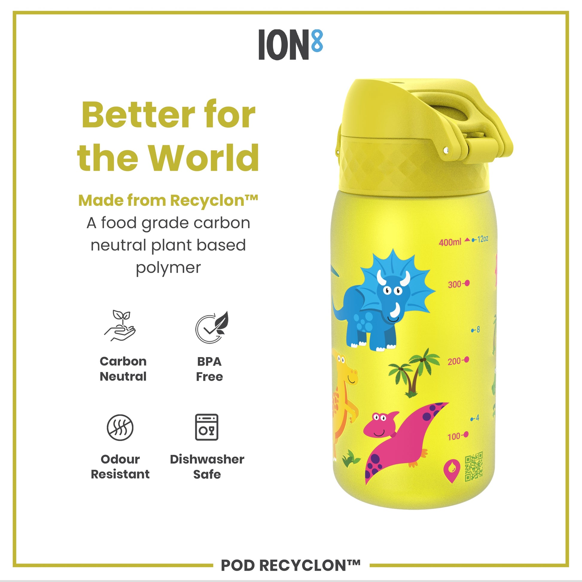 A yellow, dinosaur-decorated water bottle sits on a white background. It is made from a plant-based polymer and is BPA-free, odor-resistant, and dishwasher-safe. The bottle displays volume markings.