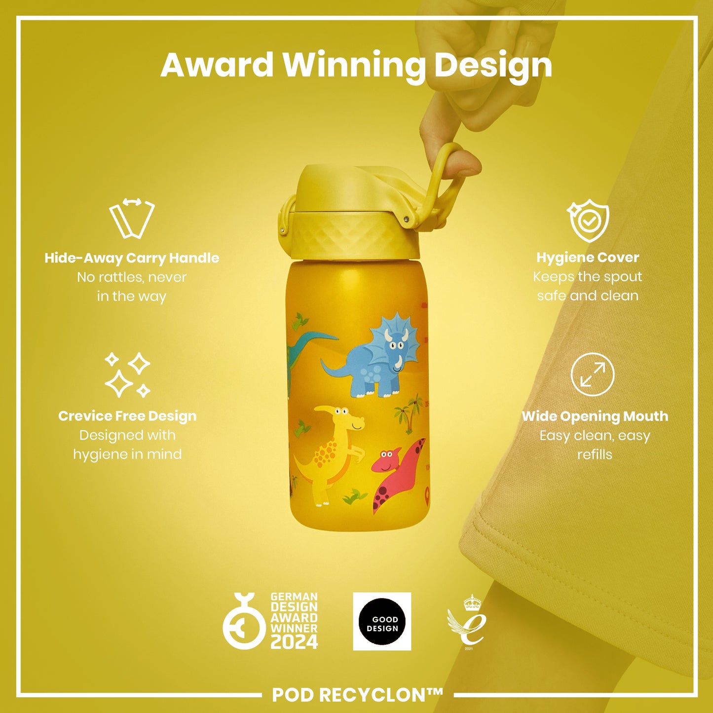 A yellow dinosaur-themed water bottle is being held. Features include a hide-away handle, hygiene cover, and wide mouth. It’s an award-winning design.
