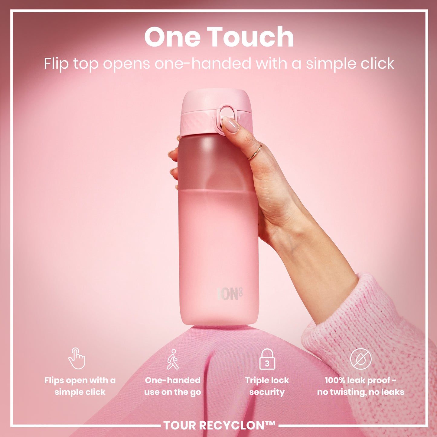 A pink water bottle is held; its flip top opens one-handed. The bottle features a simple click mechanism, triple lock security, and is 100% leak-proof. The context is a pink background.