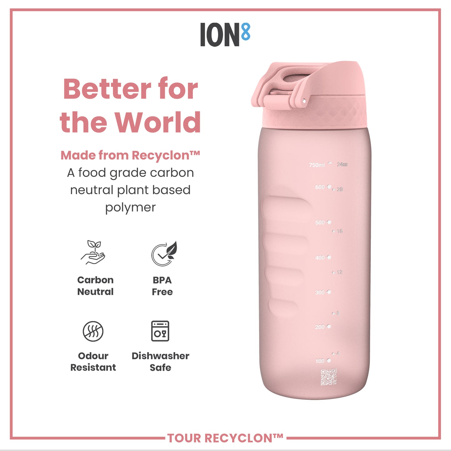 A pink water bottle sits against a white background. It’s made from a plant-based polymer and is advertised as “Better for the World.” The bottle is BPA-free, odor-resistant, and dishwasher safe.