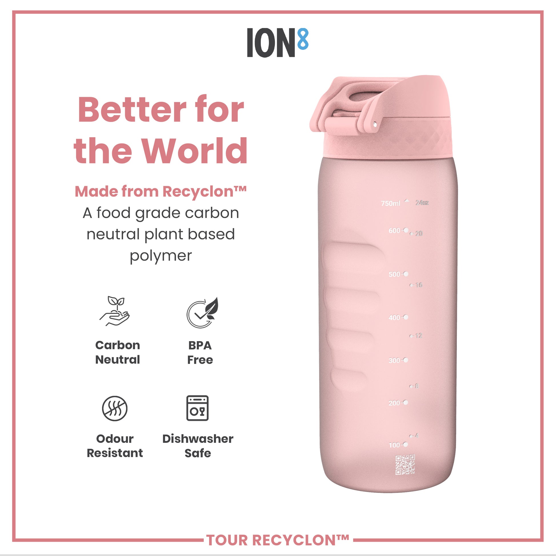 A pink water bottle sits against a white background. It’s made from a plant-based polymer and is advertised as “Better for the World.” The bottle is BPA-free, odor-resistant, and dishwasher safe.