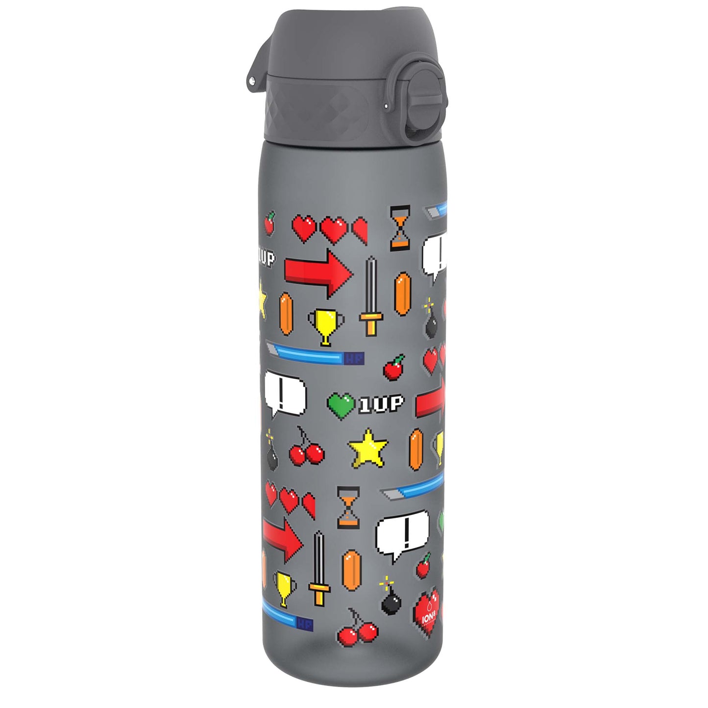 A gray water bottle, displaying pixelated video game icons, stands on a white background. The bottle features cherries, hearts, arrows, swords, and “1UP” text.