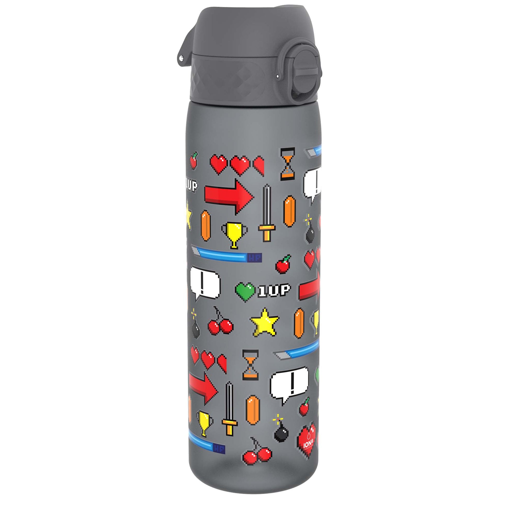 A gray water bottle, displaying pixelated video game icons, stands on a white background. The bottle features cherries, hearts, arrows, swords, and “1UP” text.