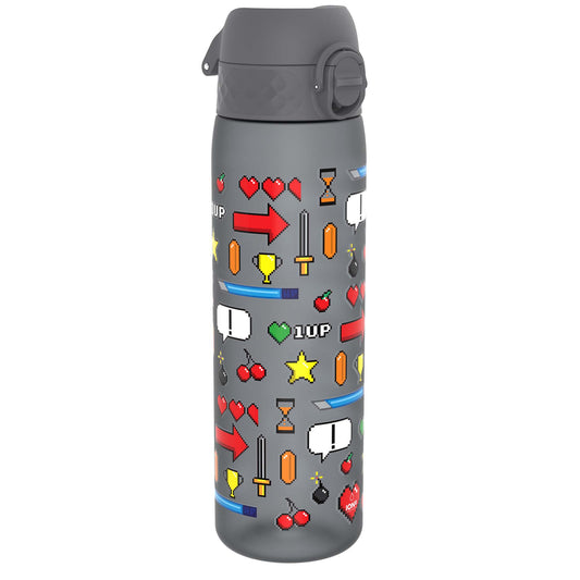 A gray water bottle, displaying pixelated video game icons, stands on a white background. The bottle features cherries, hearts, arrows, swords, and “1UP” text.