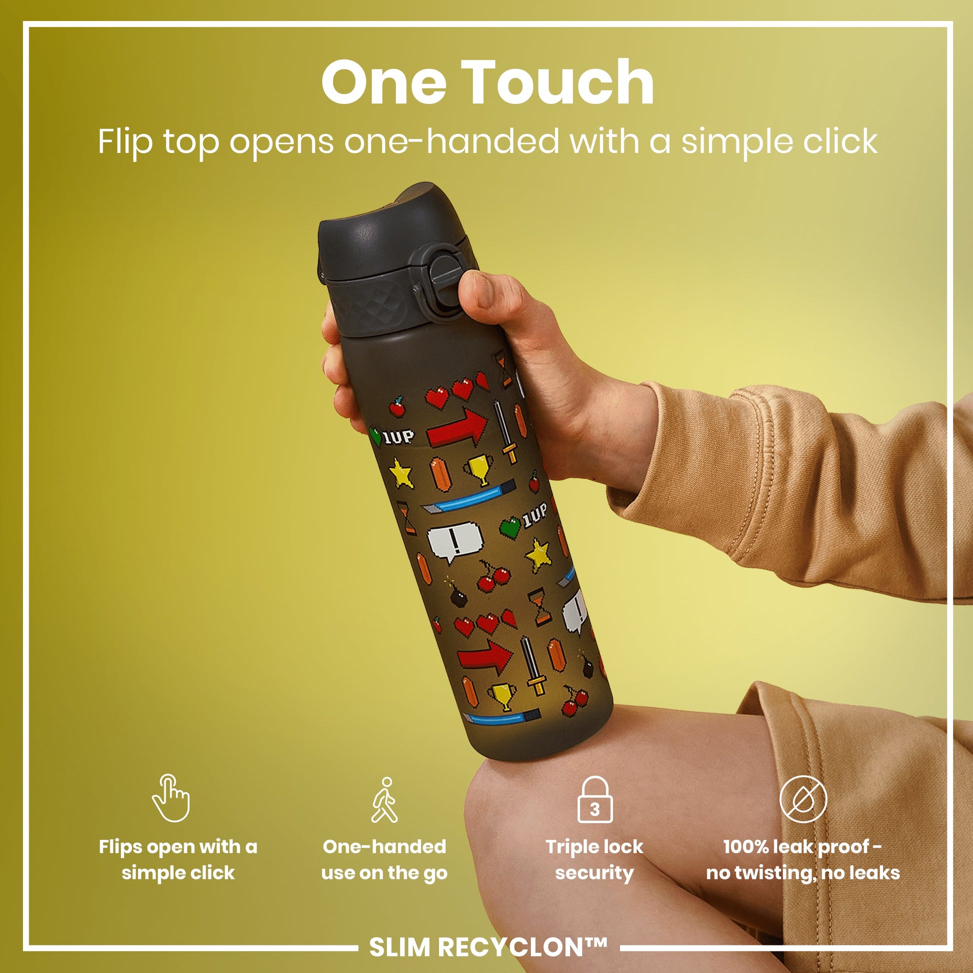 A water bottle, with a flip top, is being held; it has a one-handed opening mechanism and features a game-themed design.
