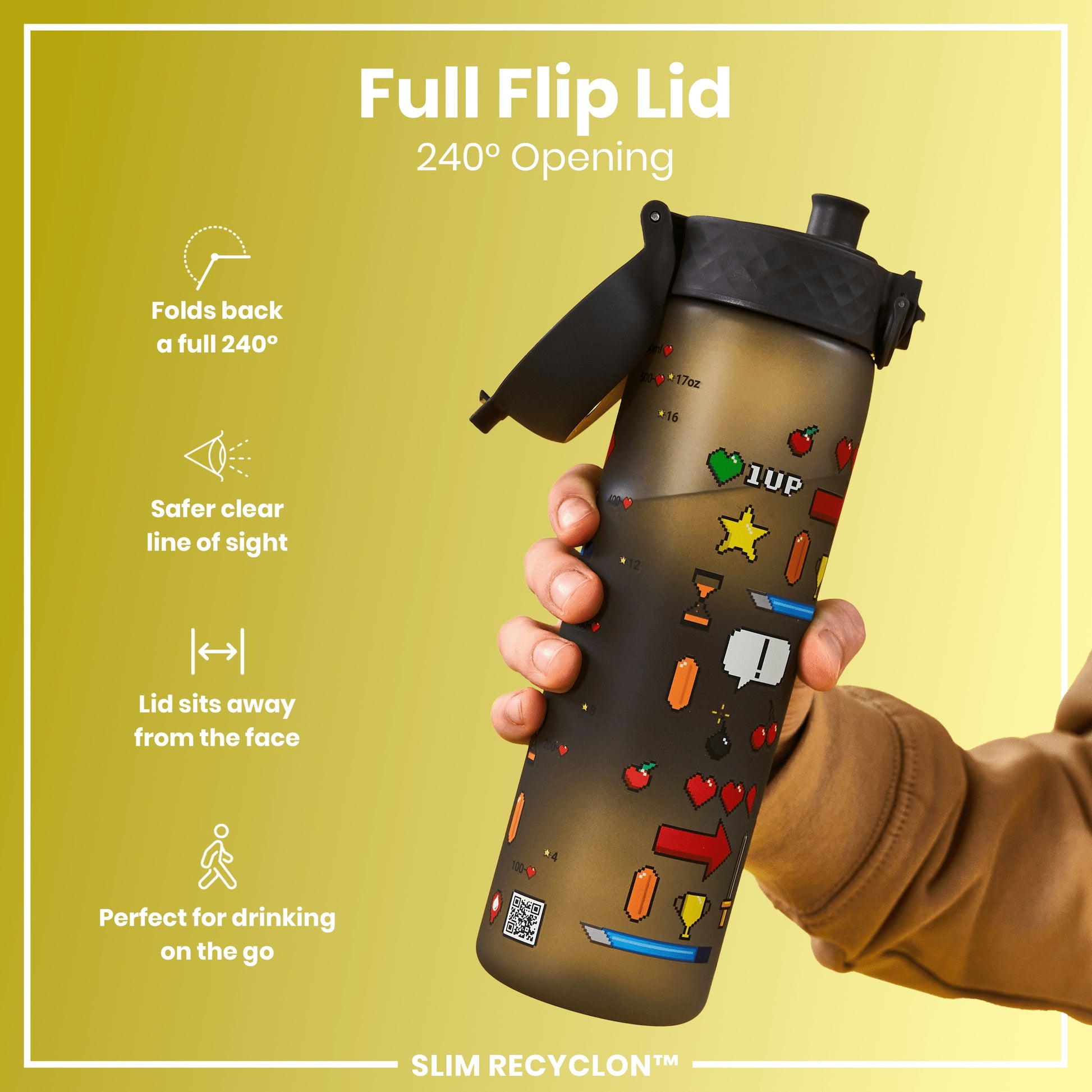 A person holds a dark-colored water bottle with a flip-top lid and pixel art graphics; the bottle's lid is open, showcasing a 240° opening mechanism. The context is a promotional image.