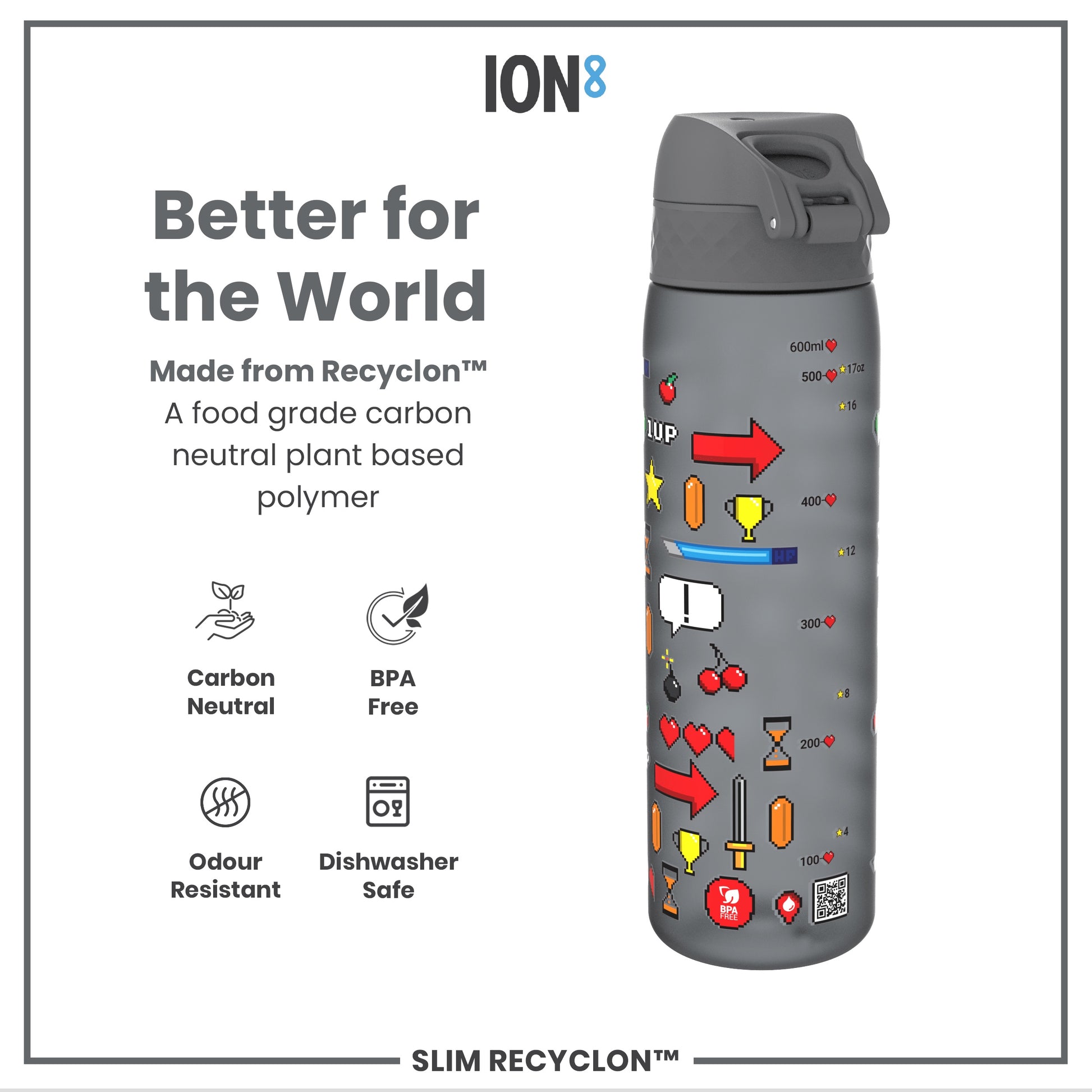 A gray water bottle, displaying a video game theme, sits against a white background. The bottle is made from a plant-based polymer and is advertised as carbon neutral, BPA free, odour resistant, and dishwasher safe.