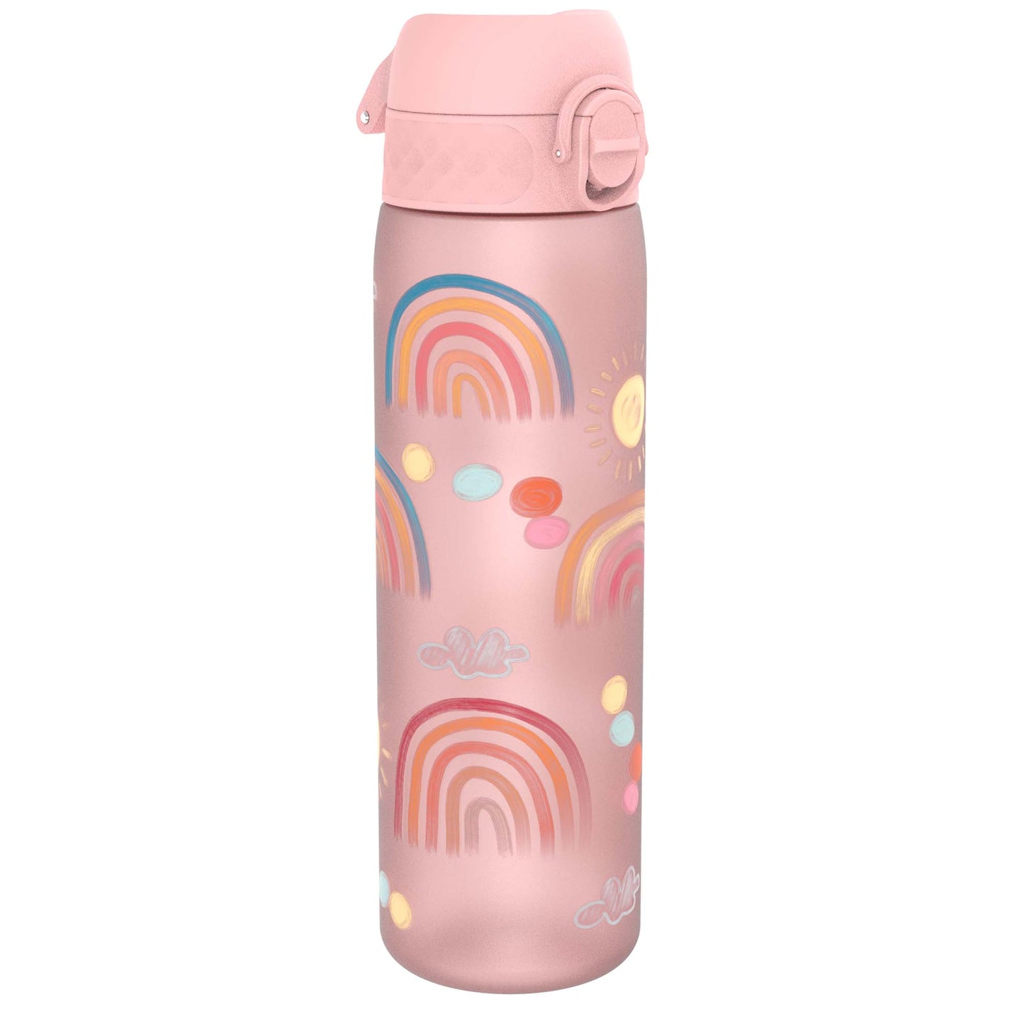 A pink water bottle, adorned with rainbow and sun designs, stands against a white background.