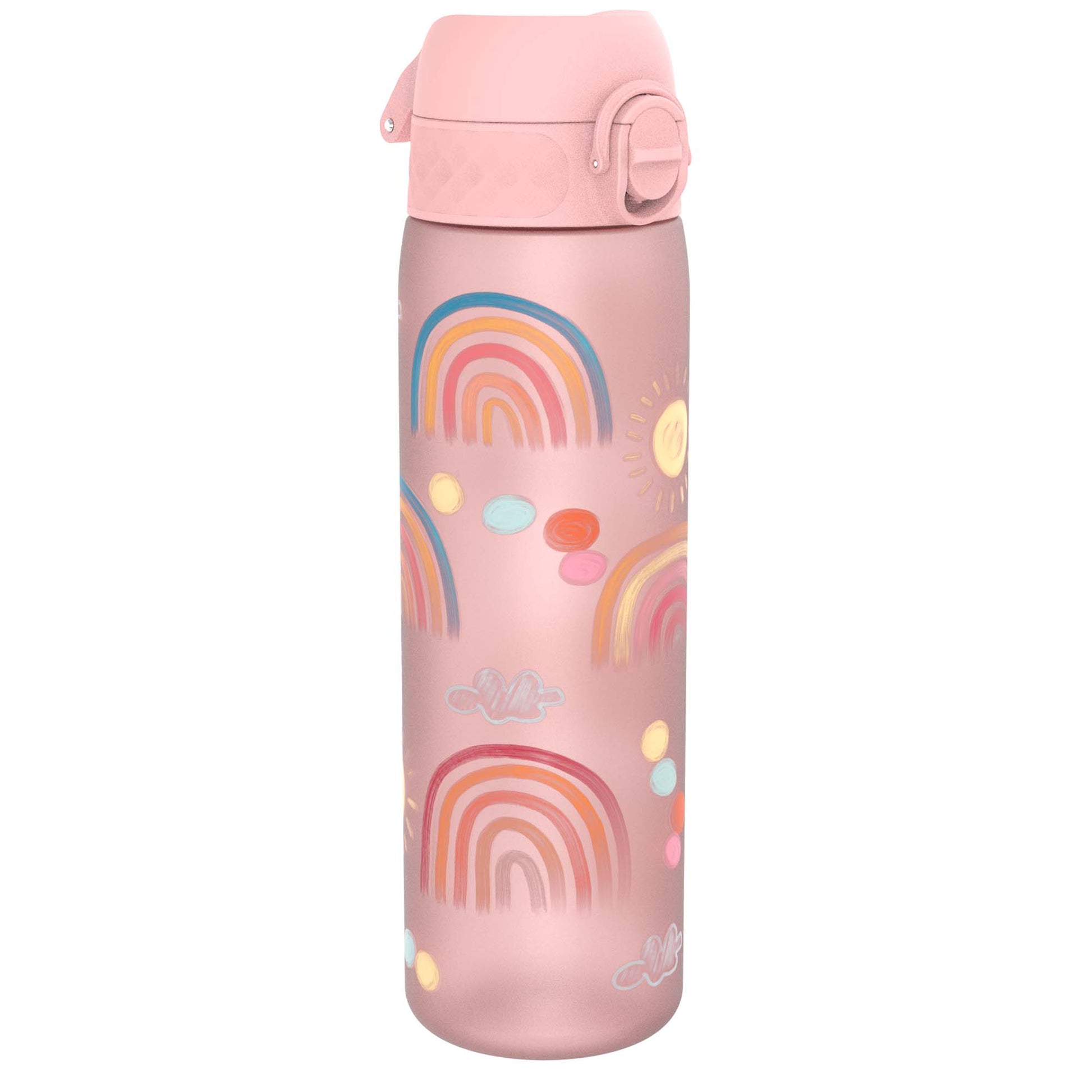 A pink water bottle, adorned with rainbow and sun designs, stands against a white background.