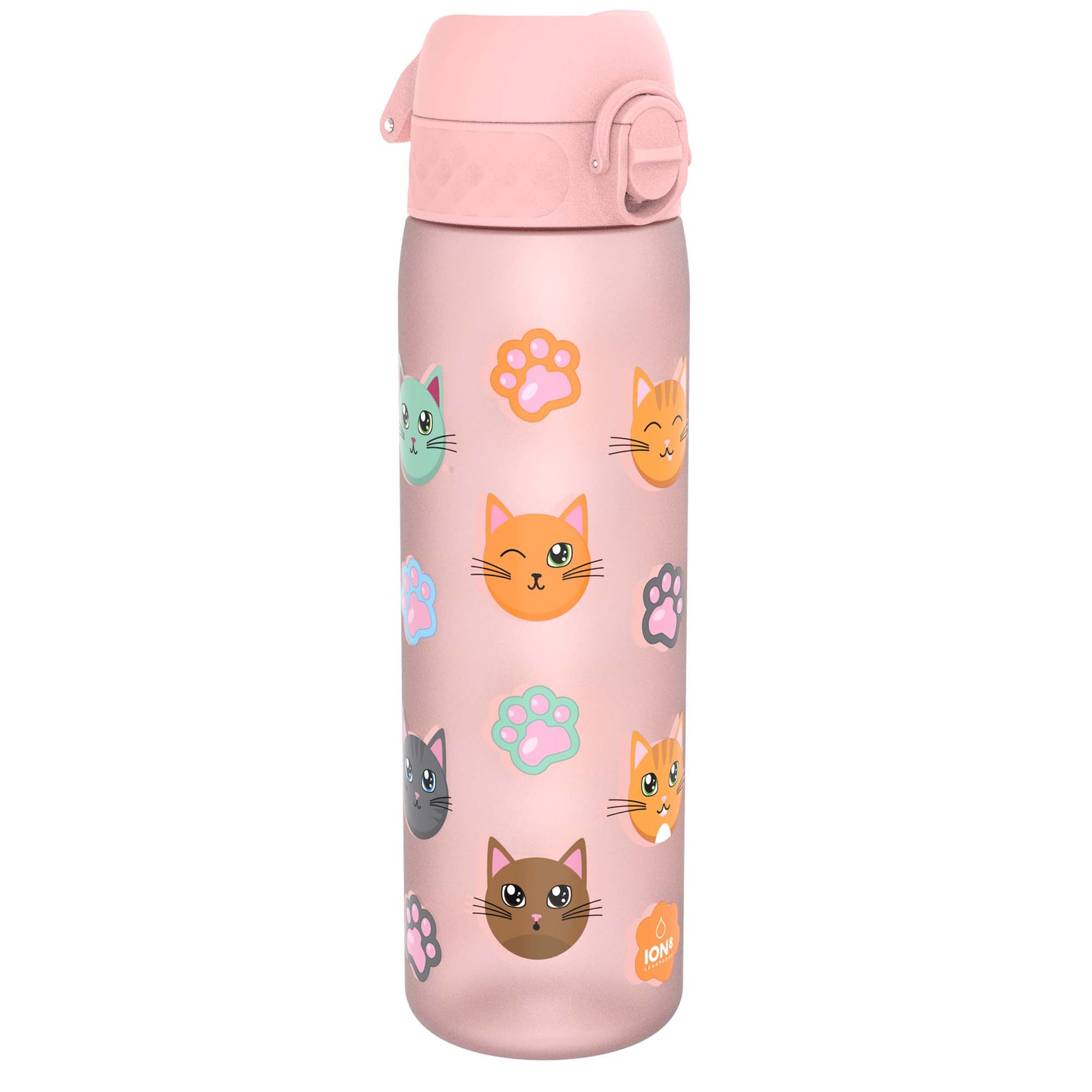 A pink water bottle, adorned with cartoon cats and paw prints, sits against a white background. The bottle has a pink lid with a flip-top. The word "ION8" is visible on the bottle.