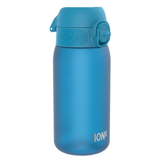 A blue water bottle, sits upright on a white background. The bottle has a screw-on top with a carrying loop. ION8 is printed on the bottle.