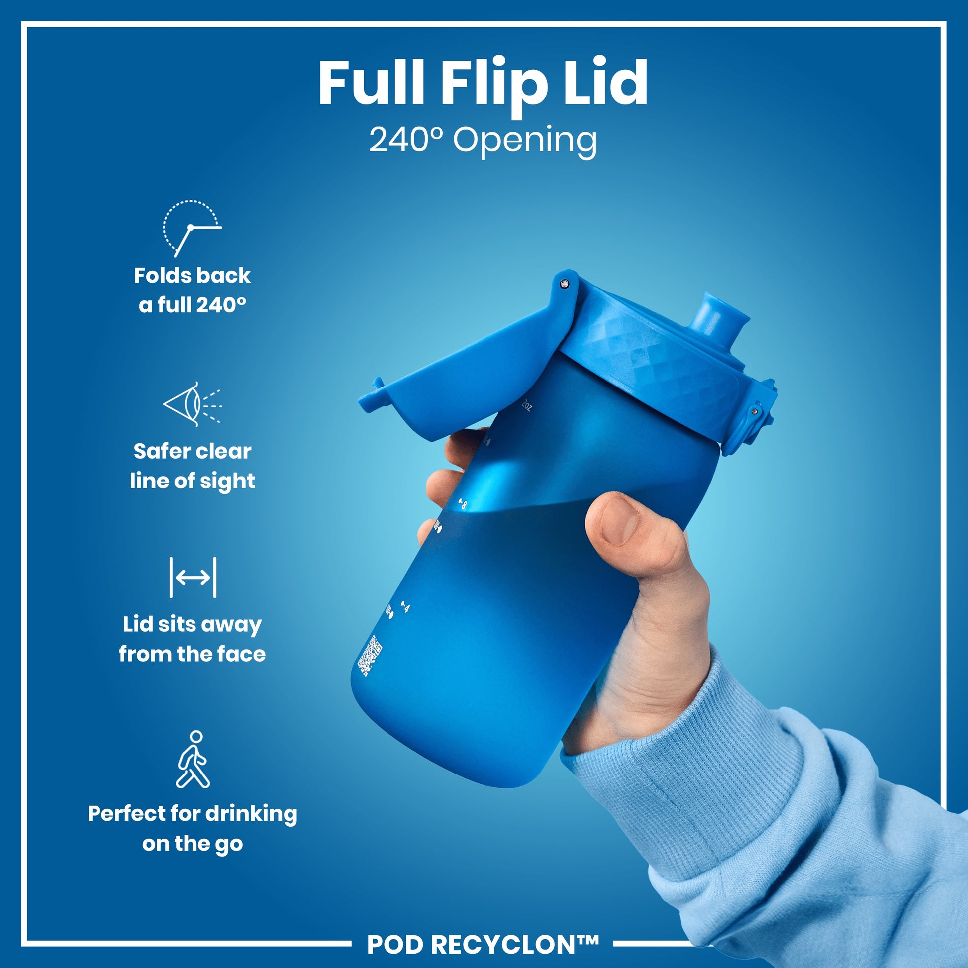 A blue water bottle with a flip lid is held; its lid opens 240 degrees. The bottle is shown against a blue background; text highlights features and the brand, "POD RECYCLON™".