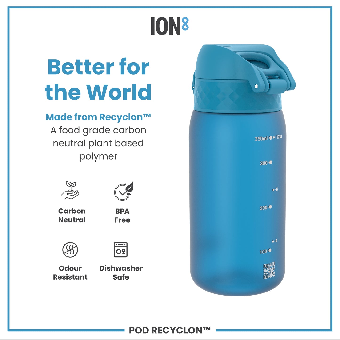 A blue water bottle sits on a white background; it is made from a plant-based polymer and is dishwasher safe.