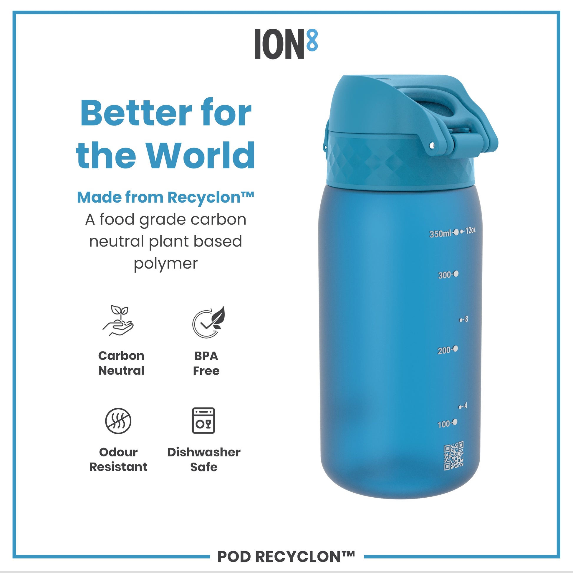 A blue water bottle sits on a white background; it is made from a plant-based polymer and is dishwasher safe.