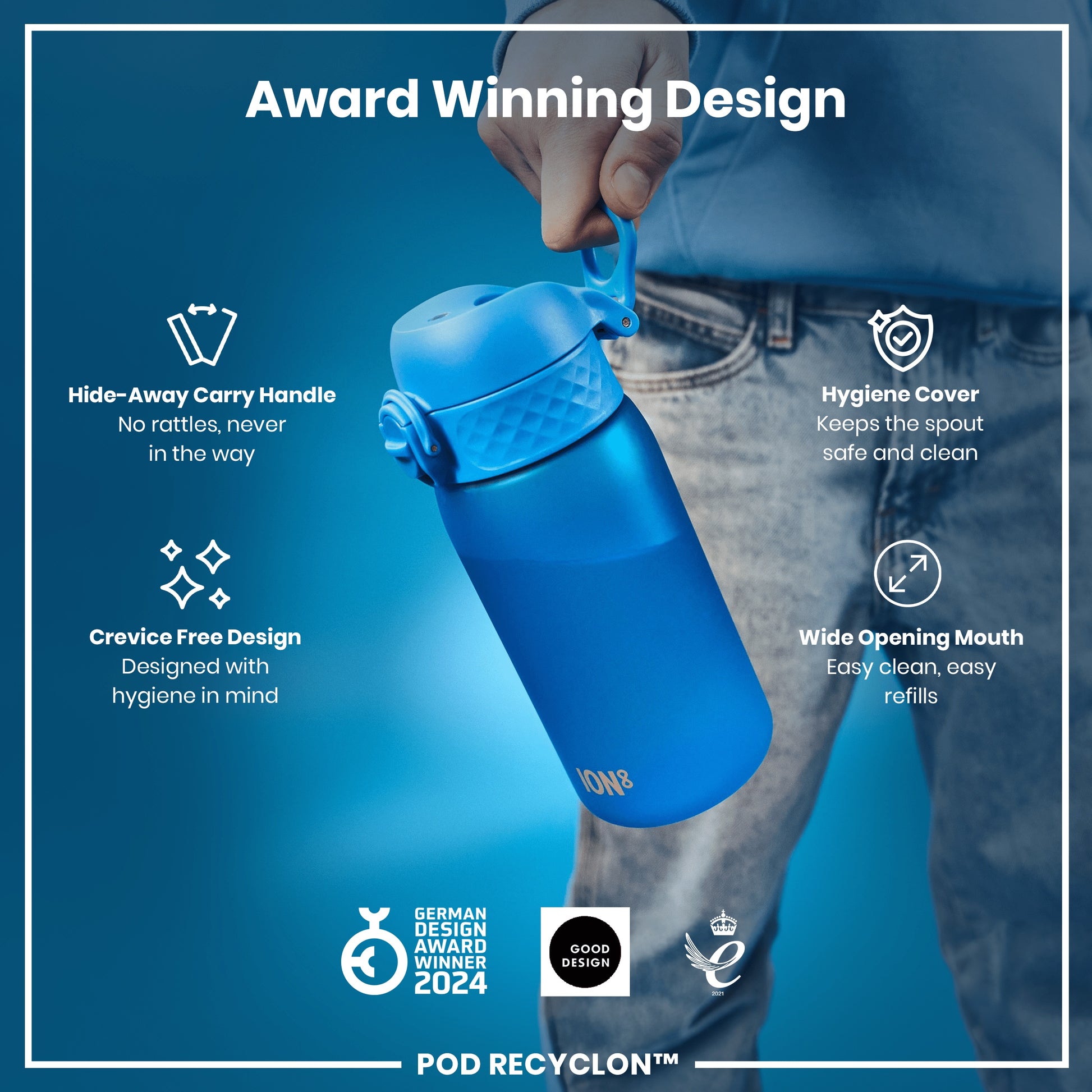 A blue water bottle is being held; its features include a hide-away handle, hygiene cover, and wide mouth. The bottle is award-winning and designed with hygiene in mind. It's part of the POD RECYCLON™ line.