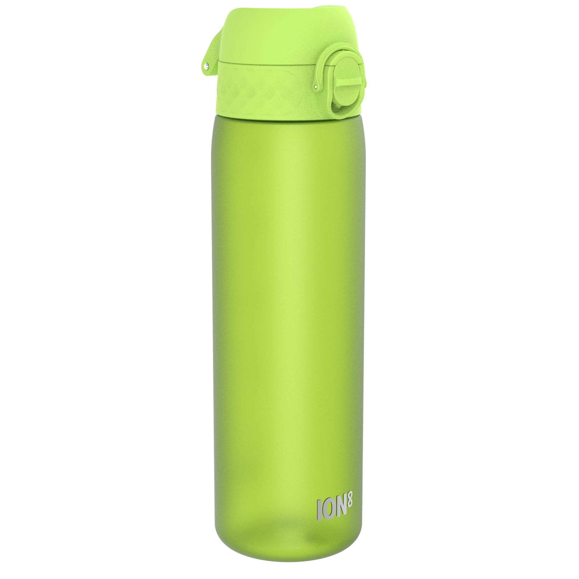 A lime-green water bottle stands upright against a white background. The bottle features a flip-top lid and the logo ION8.