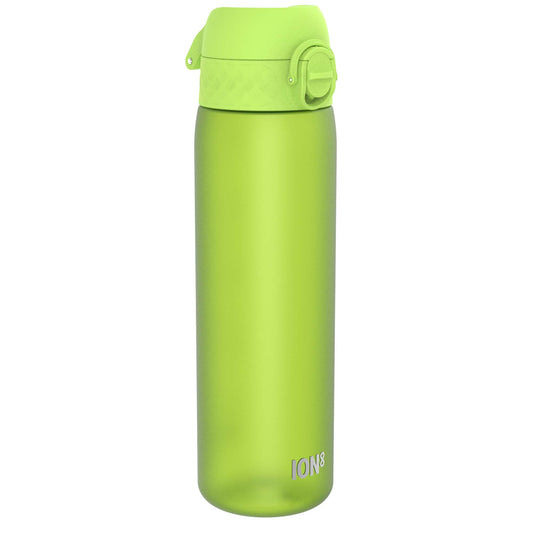 A lime-green water bottle stands upright against a white background. The bottle features a flip-top lid and the logo ION8.