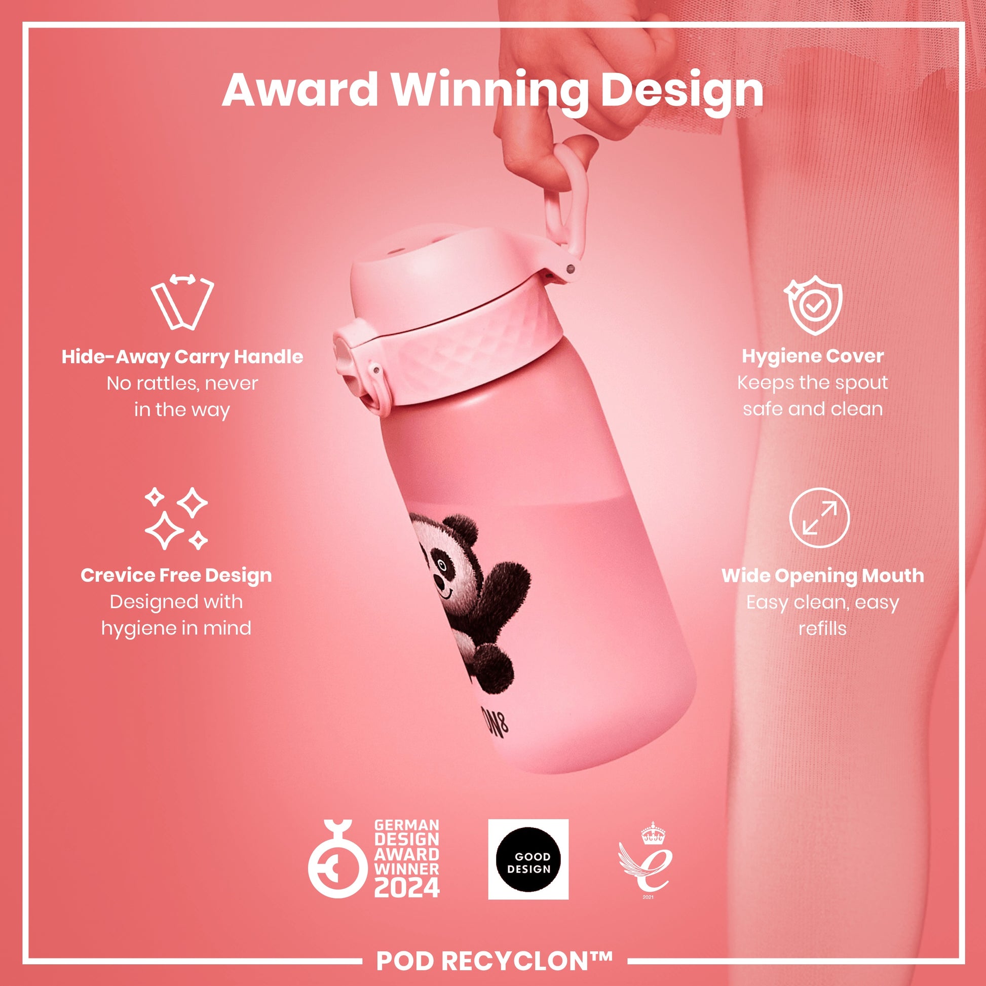 A pink water bottle with a panda design is being held. Features include a hide-away handle, hygiene cover, and wide mouth. Awards include the German Design Award 2024 and Good Design. POD RECYCLON™ is also shown.
