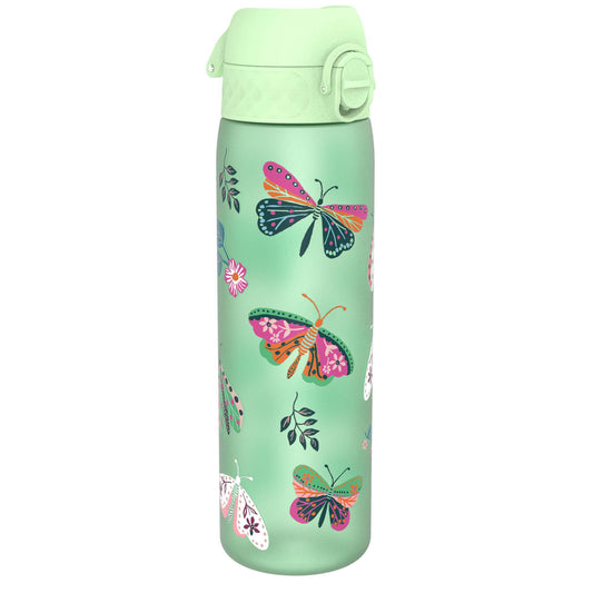 A light green water bottle, adorned with colorful butterfly and floral designs, stands upright against a white background.
