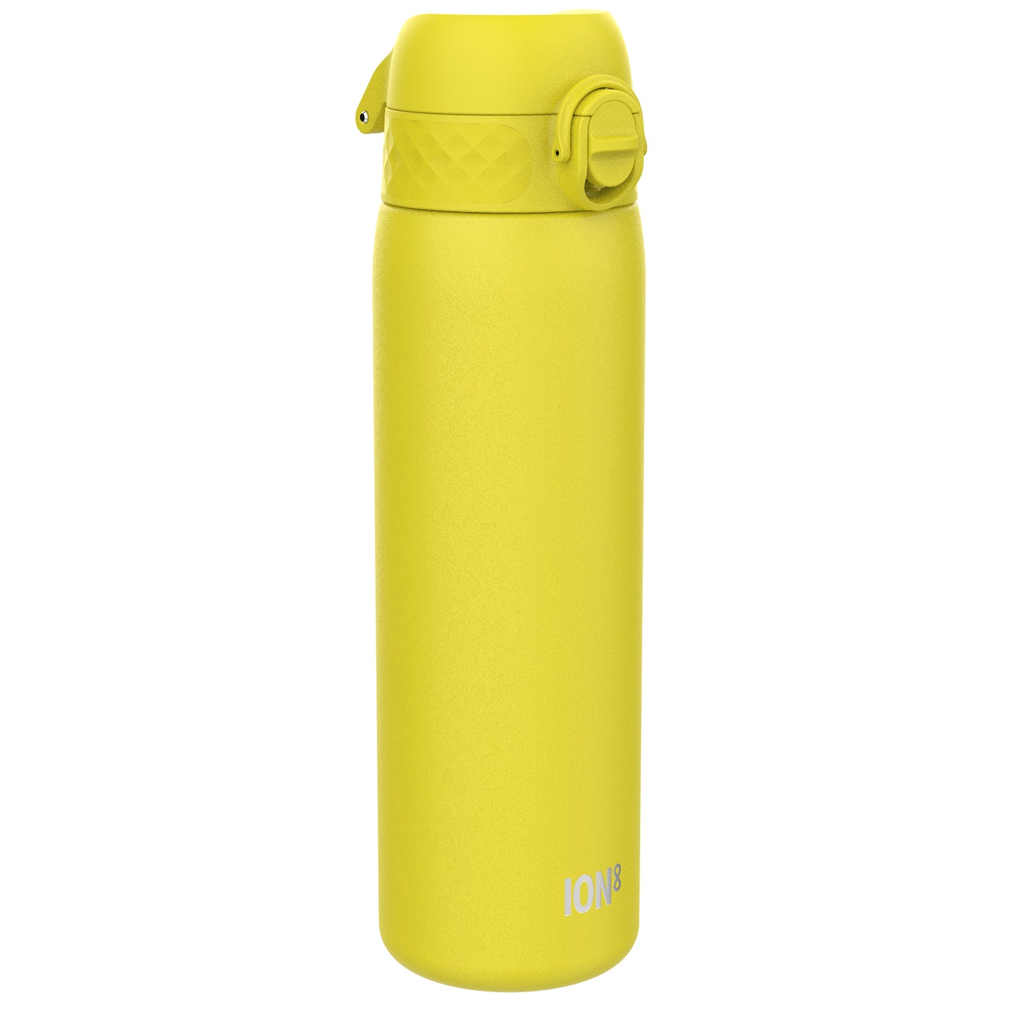 A yellow water bottle stands upright against a white background. ION8 is printed on its side.
