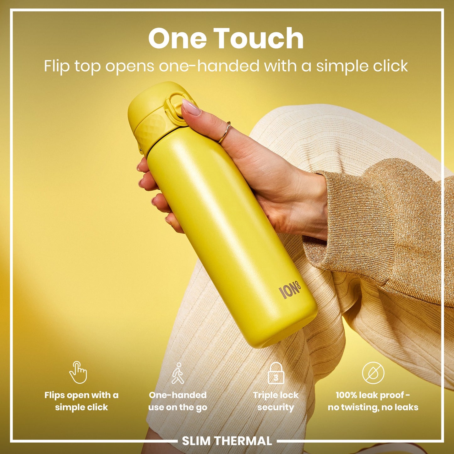A yellow ION8 water bottle is being held; its flip top opens with a single click. The context is a promotional image against a yellow background.