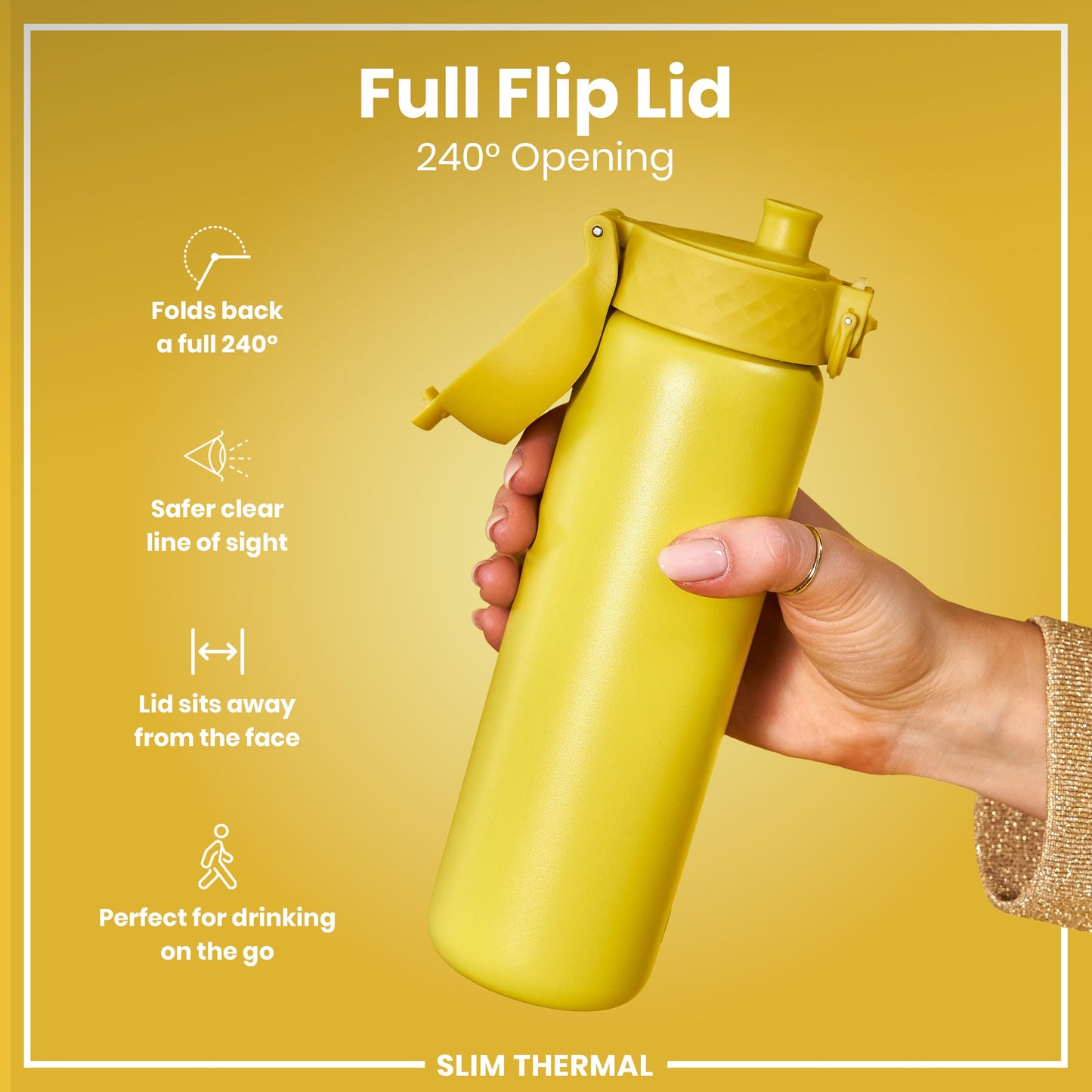 A yellow, slim thermal water bottle, with a 240° opening full flip lid, is held by a hand against a yellow background. Full Flip Lid, 240° Opening, SLIM THERMAL.