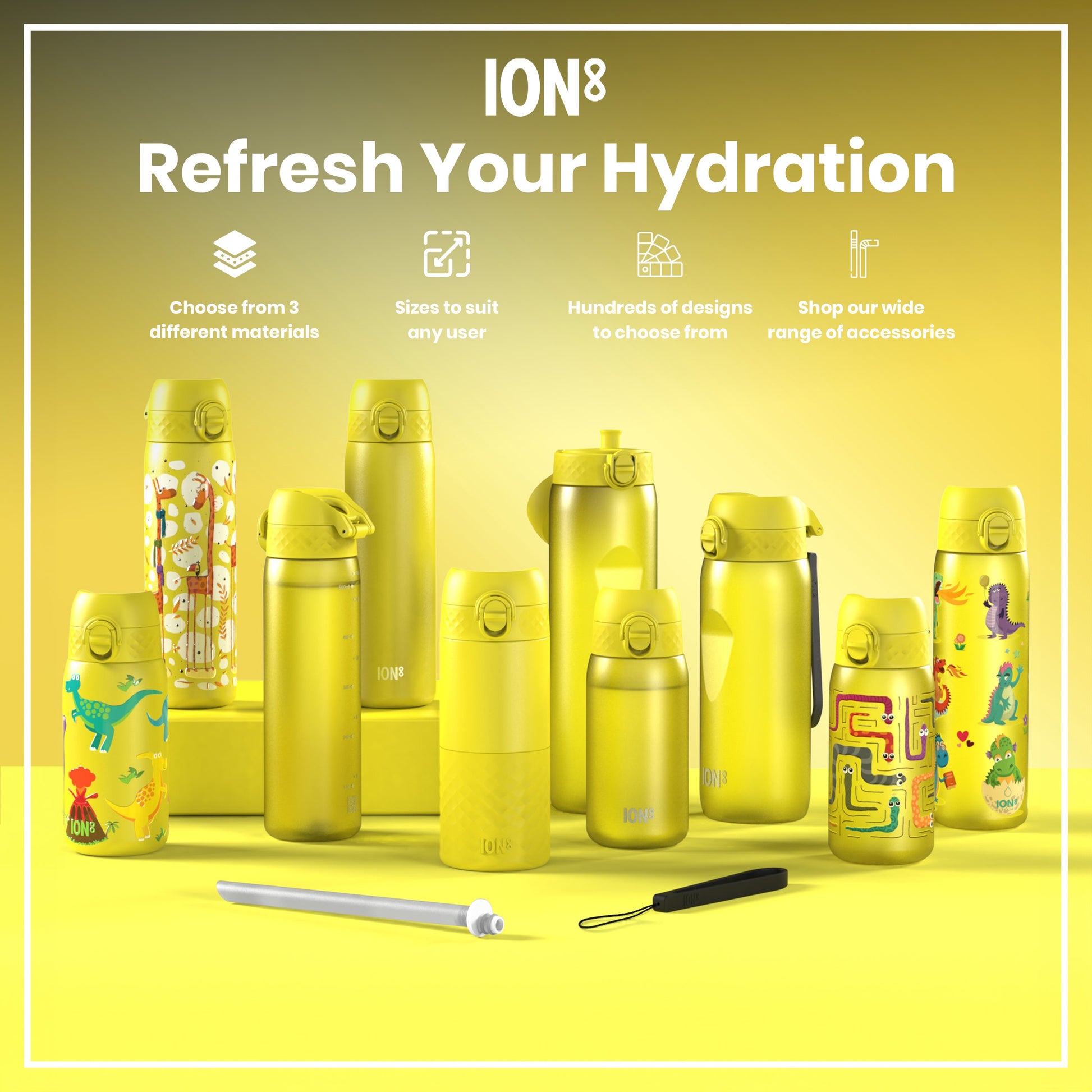 Several yellow ION8 water bottles, of varying sizes and designs, are displayed on a yellow surface. A gray straw and carrying strap are also shown. The background promotes the product's features, including material choices, sizes, and designs.