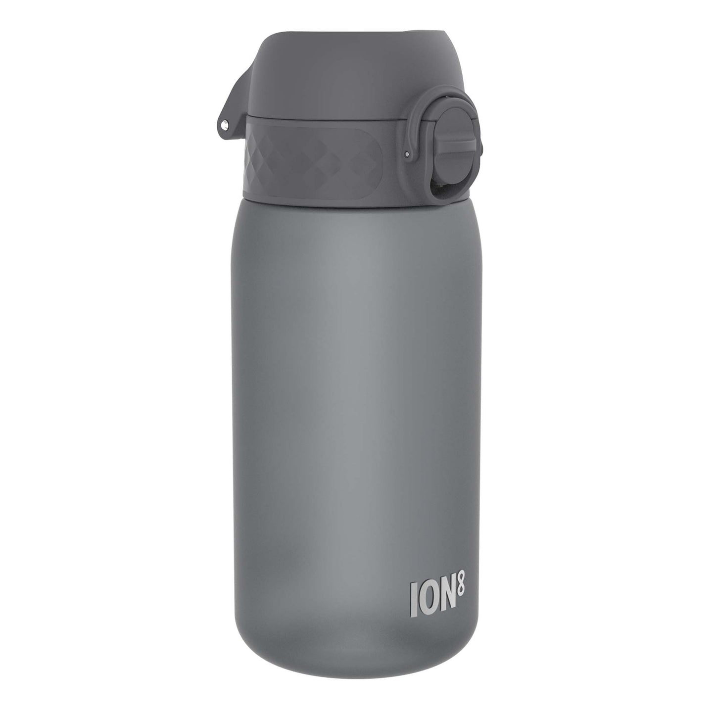A gray water bottle sits on a white background. The bottle has a gray, hinged lid with a textured section and a rotating closure. The brand "ION8" is visible on the bottle.
