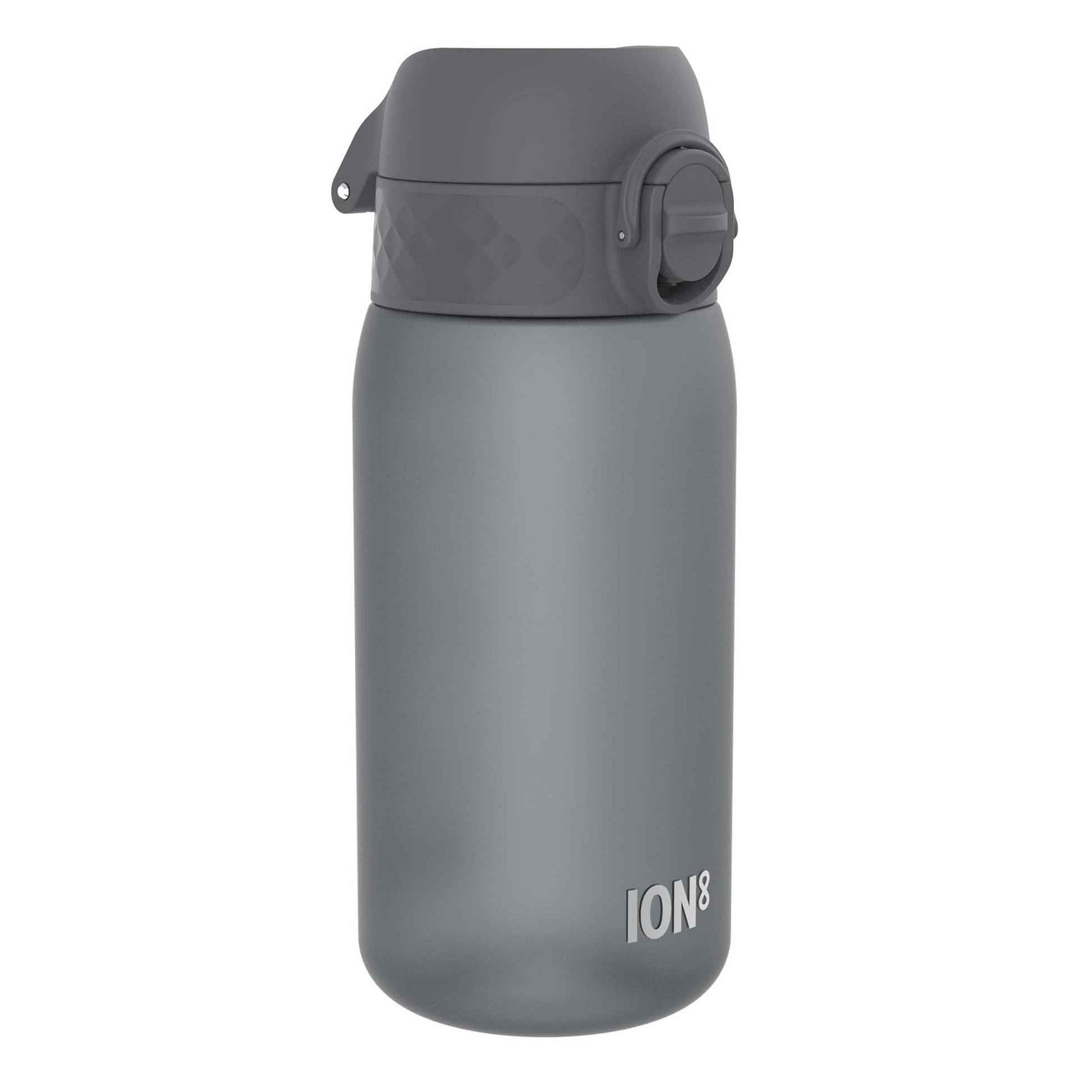 A gray water bottle sits on a white background. The bottle has a gray, hinged lid with a textured section and a rotating closure. The brand "ION8" is visible on the bottle.