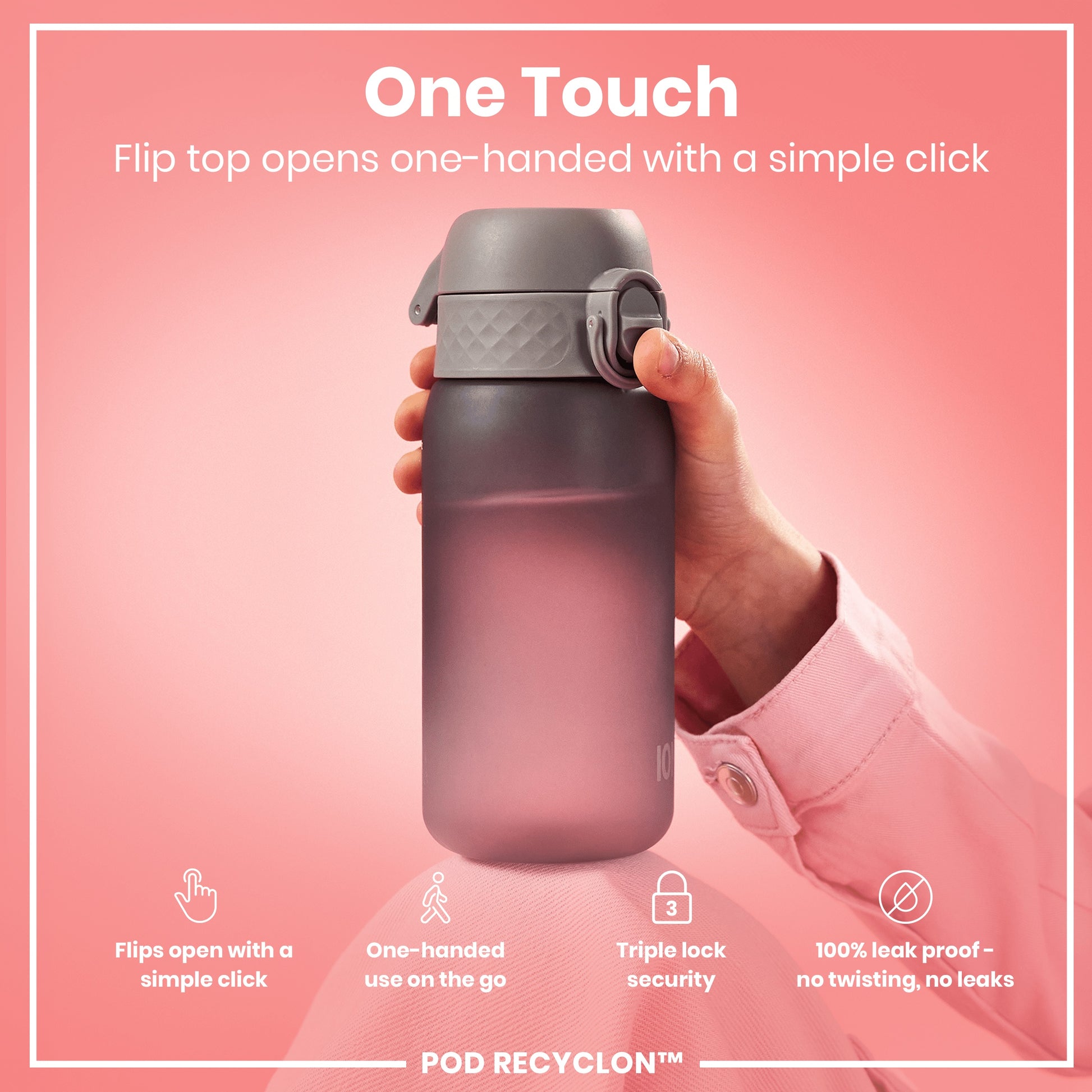 A gray water bottle with a flip top is being held; its top opens with one hand by a simple click. The background is pink, showcasing product features.