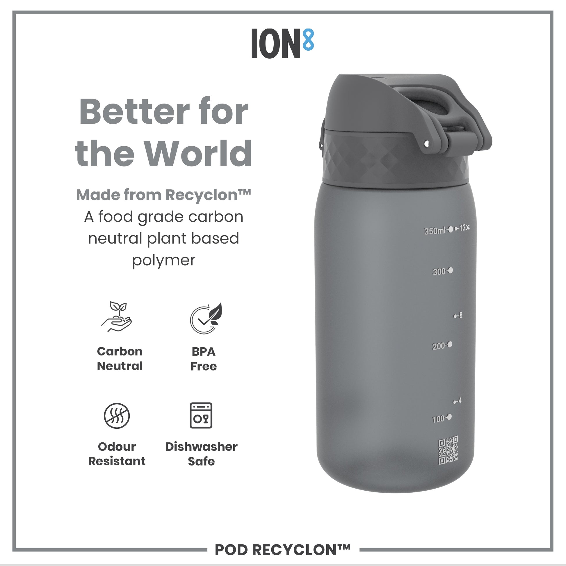 A gray water bottle sits on a white background. It is made from Recyclon™, a food-grade, carbon-neutral plant-based polymer. The bottle is BPA-free, odour-resistant, and dishwasher safe.