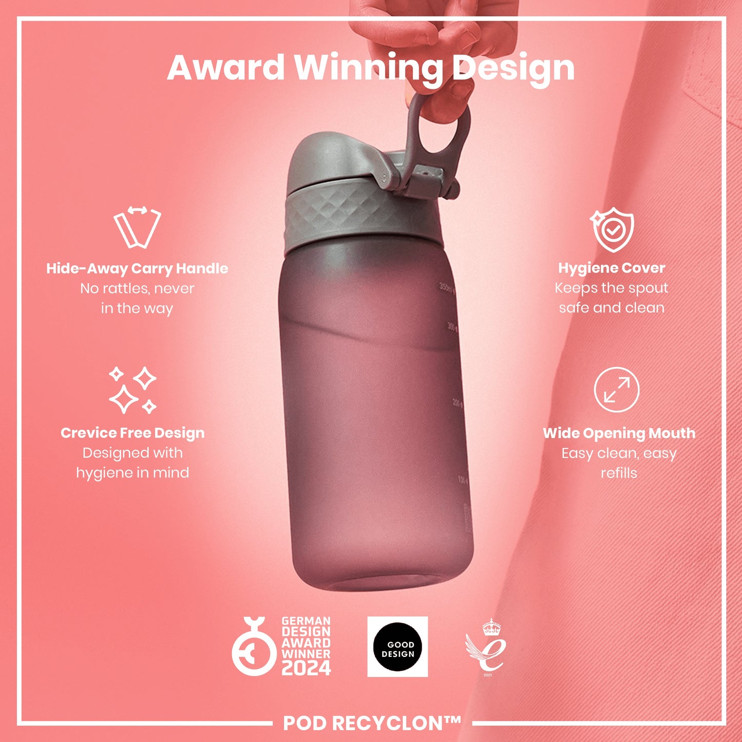 A mauve water bottle is being held; it features a hide-away handle, a hygiene cover, and a wide mouth. The bottle is an award-winning design.