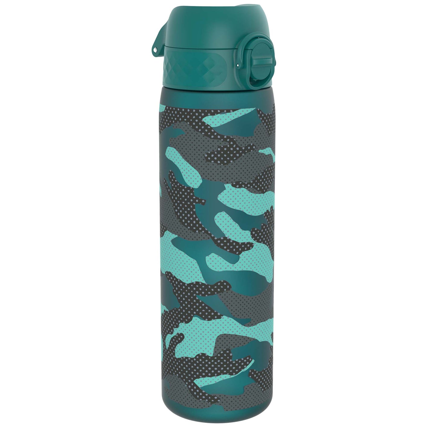A teal water bottle, featuring a camouflage pattern, stands upright against a white background.