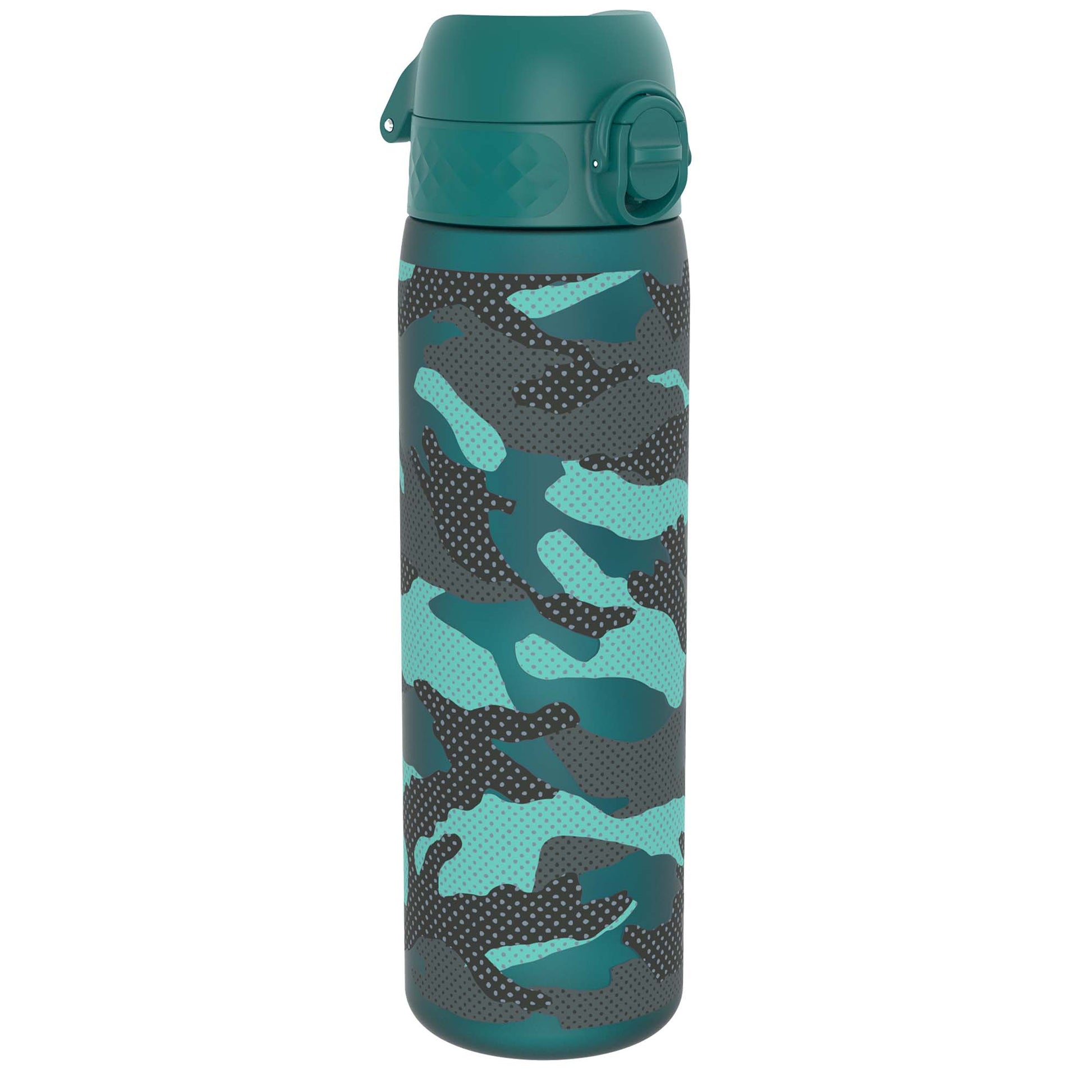 A teal water bottle, featuring a camouflage pattern, stands upright against a white background.