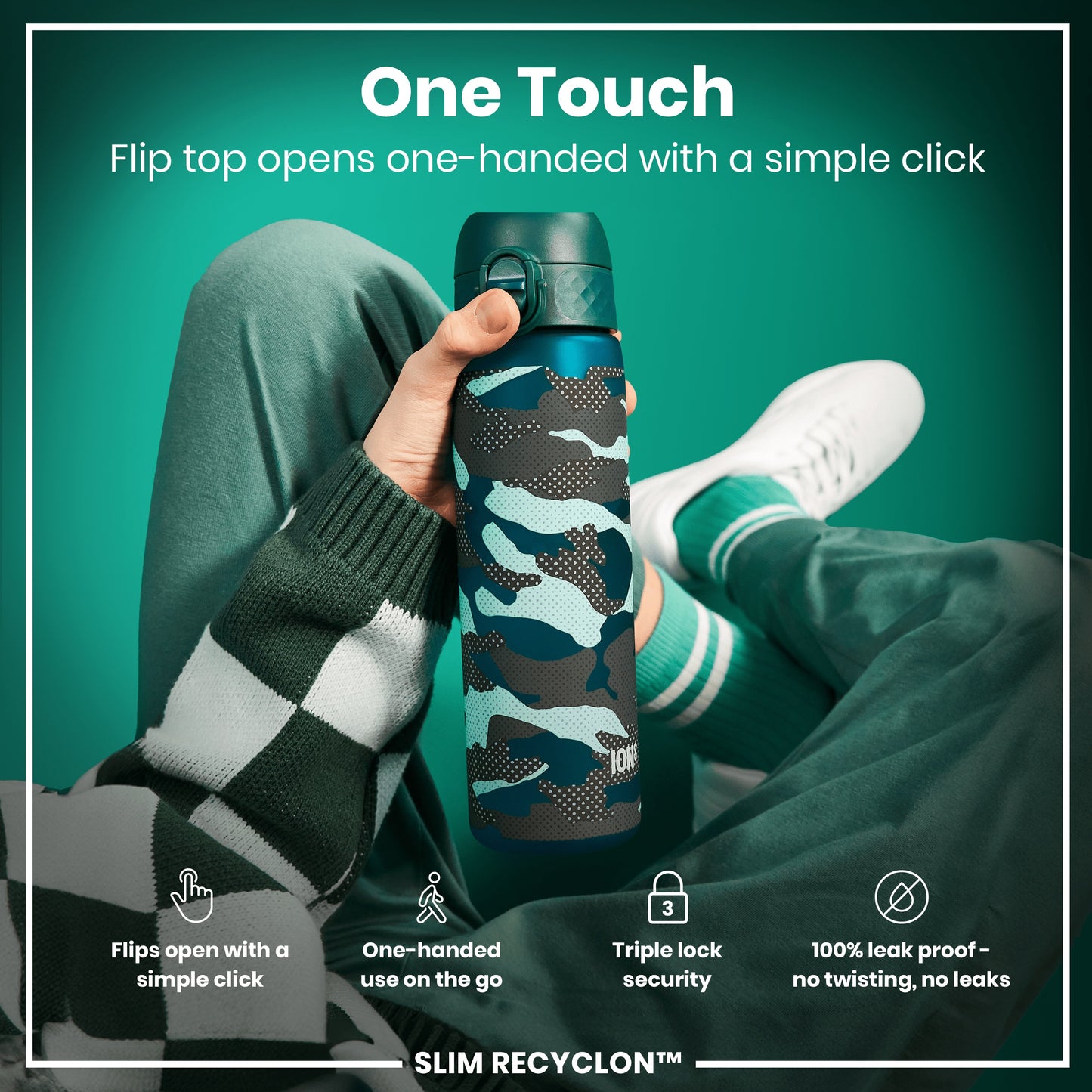A teal and gray patterned water bottle is held; its flip top opens easily with one hand. The bottle is shown against a teal background, held by a person wearing a green sweater. "One Touch," "Flip top opens one-handed with a simple click," "Flips open with a simple click," "One-handed use on the go," "Triple lock security," "100% leak proof - no twisting, no leaks," and "SLIM RECYCLON™" are also visible.