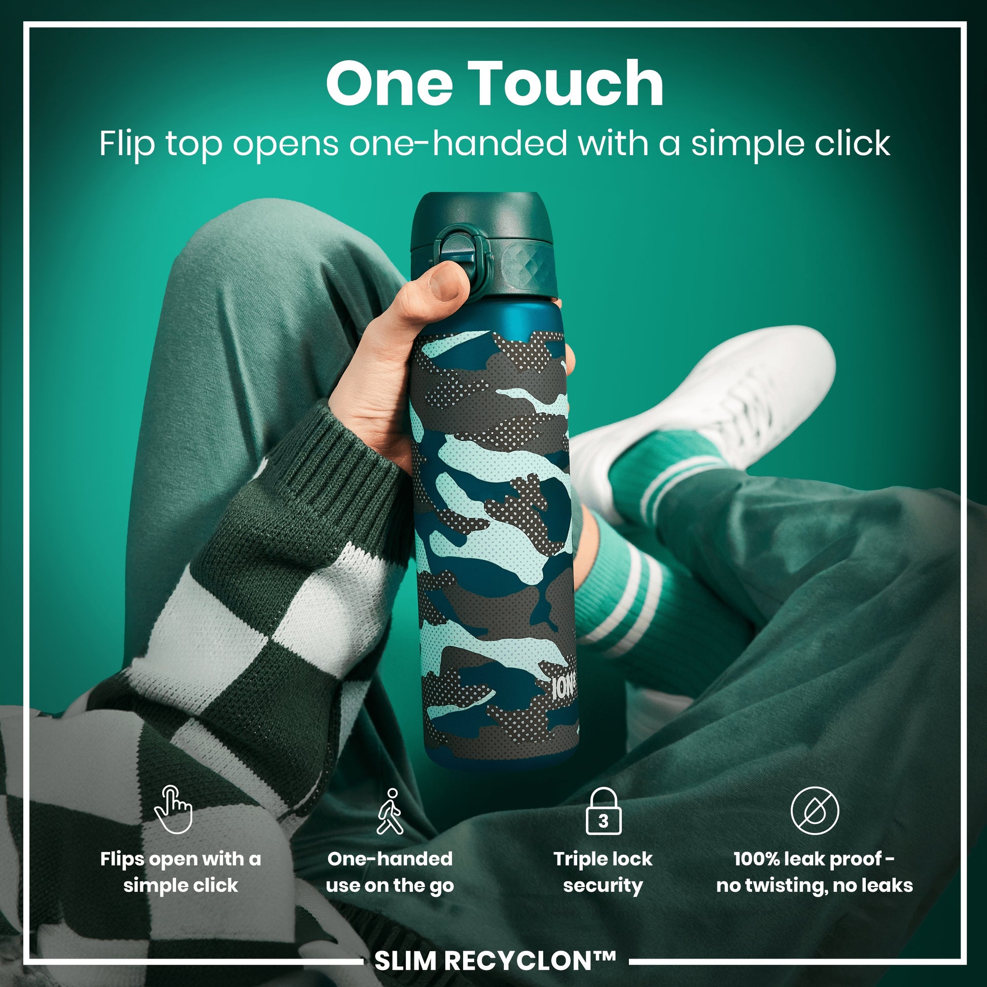 A teal and gray patterned water bottle is held; its flip top opens easily with one hand. The bottle is shown against a teal background, held by a person wearing a green sweater. "One Touch," "Flip top opens one-handed with a simple click," "Flips open with a simple click," "One-handed use on the go," "Triple lock security," "100% leak proof - no twisting, no leaks," and "SLIM RECYCLON™" are also visible.