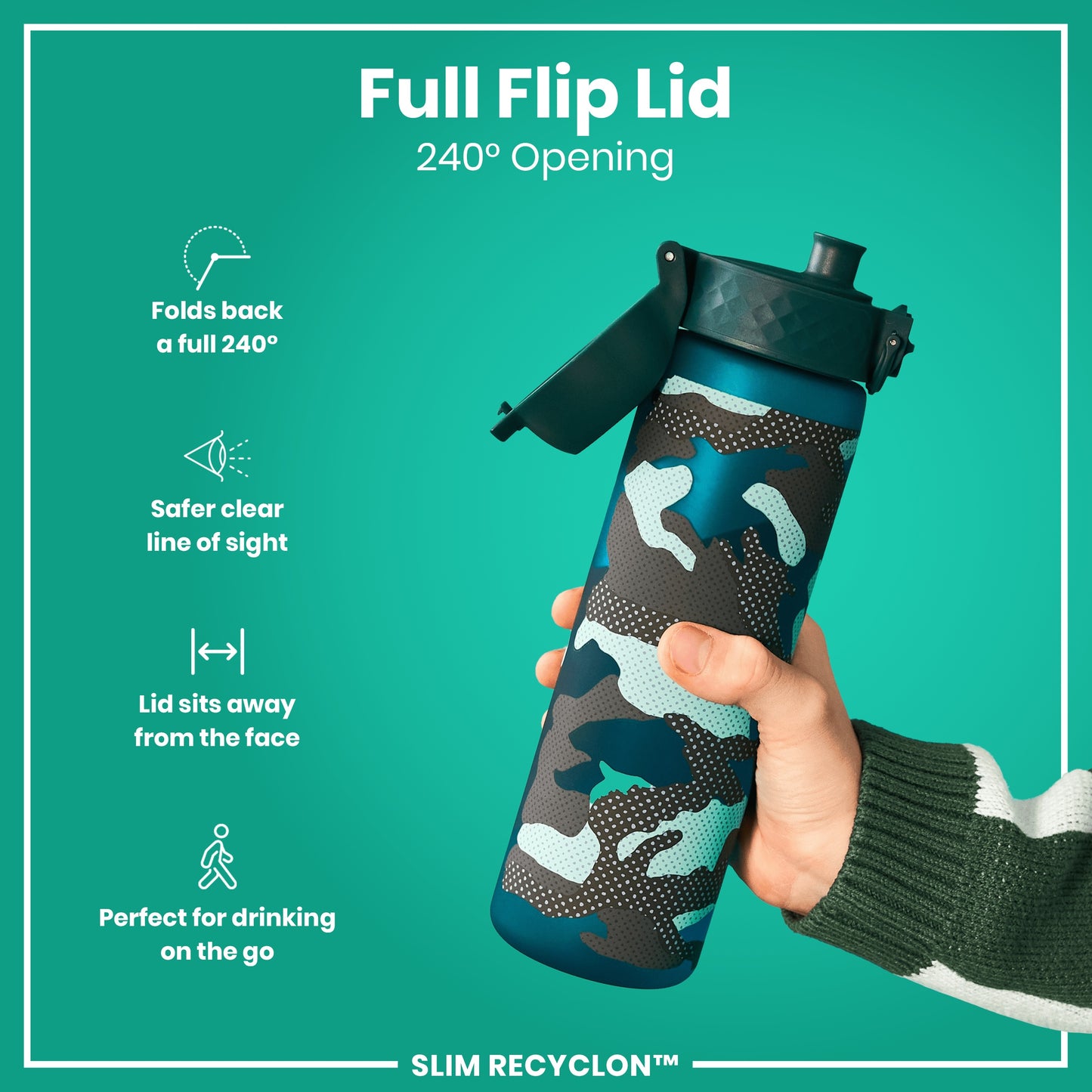 A water bottle with a full flip lid, is being held; its lid opens 240 degrees, against a teal background. The bottle features a camouflage design and the text "SLIM RECYCLON™".