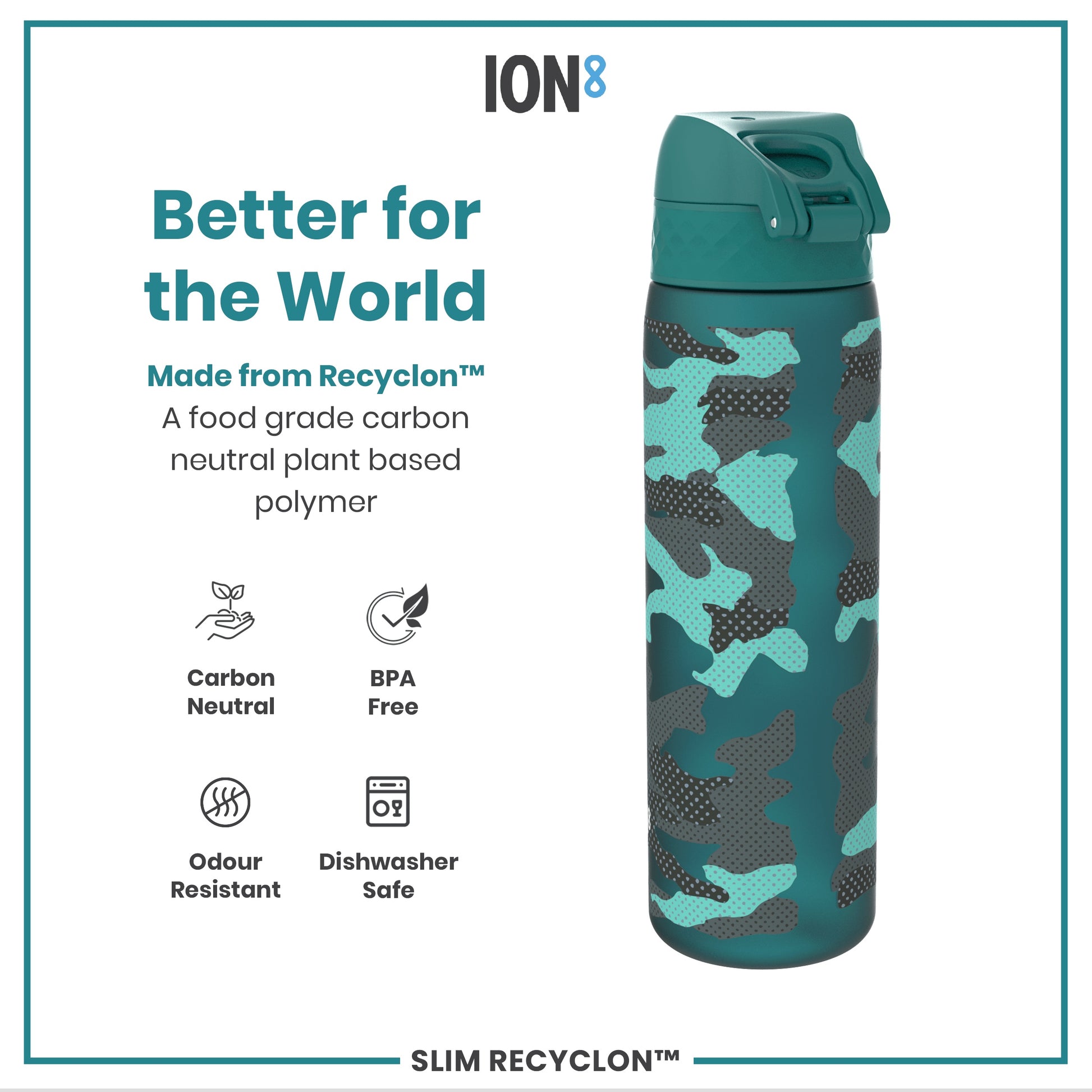 A teal, camouflage-patterned water bottle sits against a white background. It is made from a plant-based polymer, is BPA-free, odour resistant, and dishwasher safe. The bottle is advertised as "Better for the World."