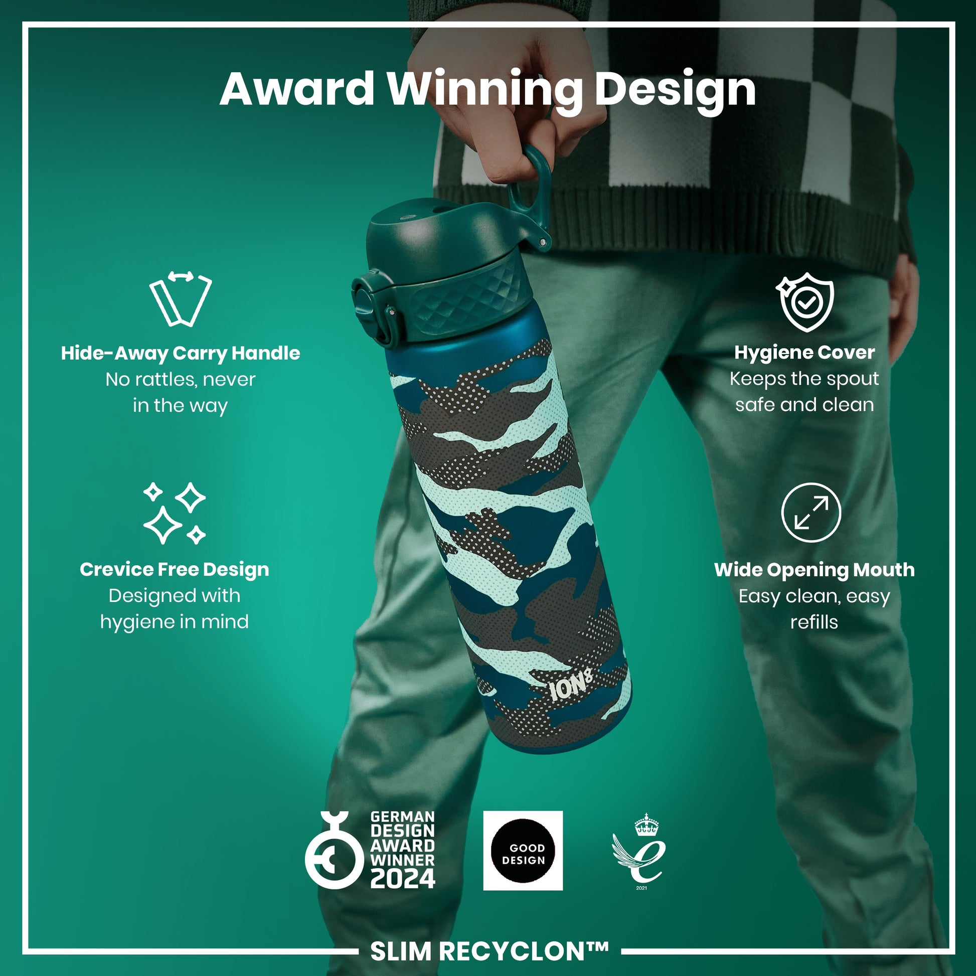 A water bottle, with a camouflage pattern, is being held. Its features include a hide-away handle, hygiene cover, and wide mouth. Awards include the German Design Award 2024 and Good Design.